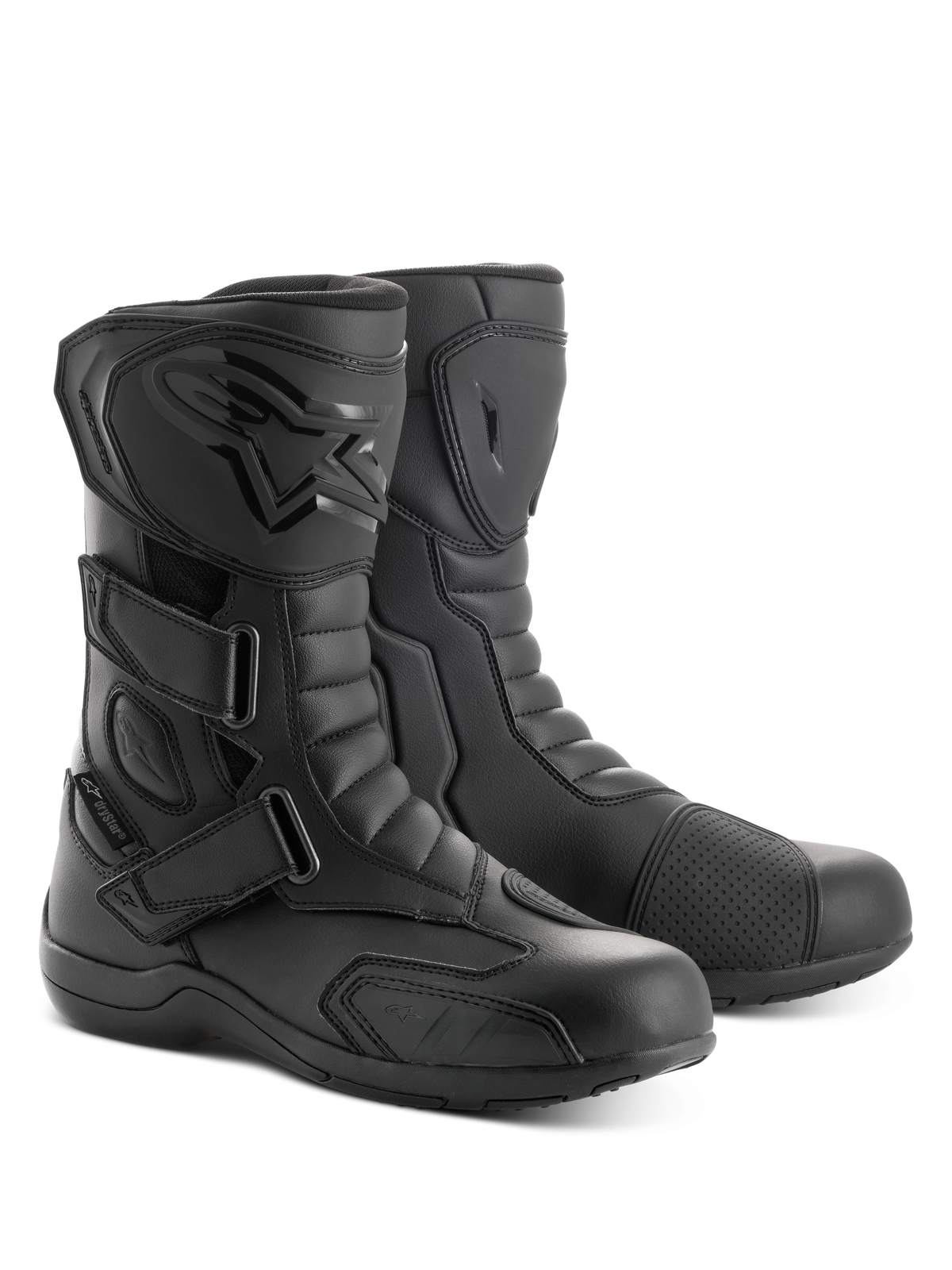 Alpinestars Radon Drystar® Boots, motocyklowe buty turystyczne, czarne, z trzema regulowanymi paskami na rzepy, ochraniaczem goleni TPU z tłoczonym logo oraz wzmocnioną nakładką na dźwignię zmiany biegów, wytrzymała konstrukcja z mikrowłókien do jazdy szosowej i przygodowej