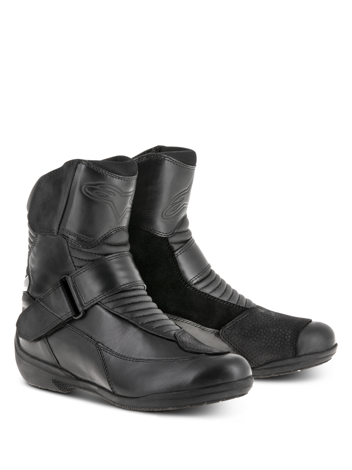 Alpinestars Stella Valencia Waterproof Boots, damskie buty motocyklowe, czarne, niskie buty turystyczne z panelami ze skóry i zamszu, harmonijkowe strefy elastyczne i pasek z klamrą na podbiciu, wodoodporne obuwie dla kobiet