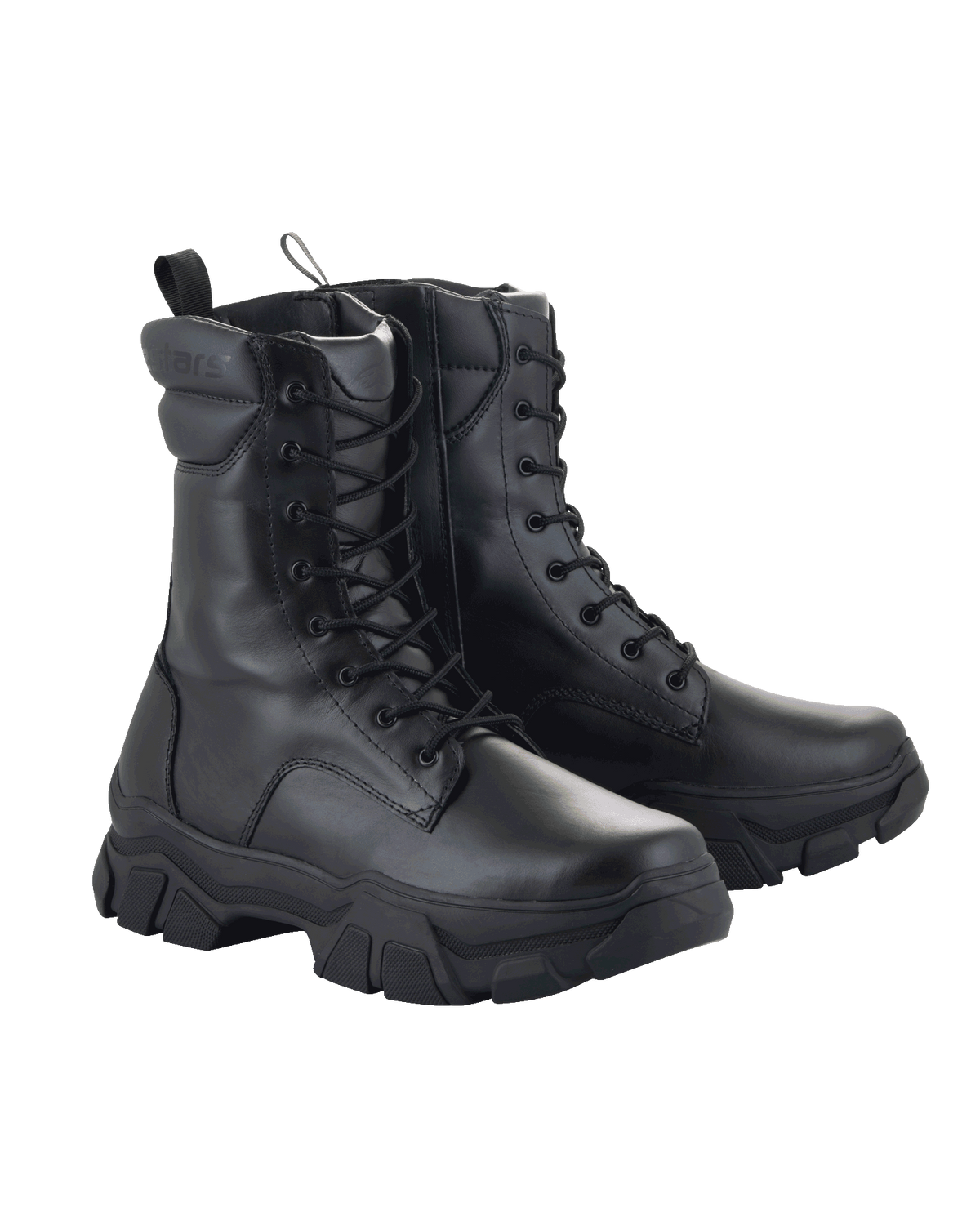Damskie buty Alpinestars Ava, miejskie buty motocyklowe, czarne, konstrukcja ze skóry licowej, gruba podwyższona gumowa podeszwa, sznurowanie z przodu i boczny zamek, surowy styl użytkowy
