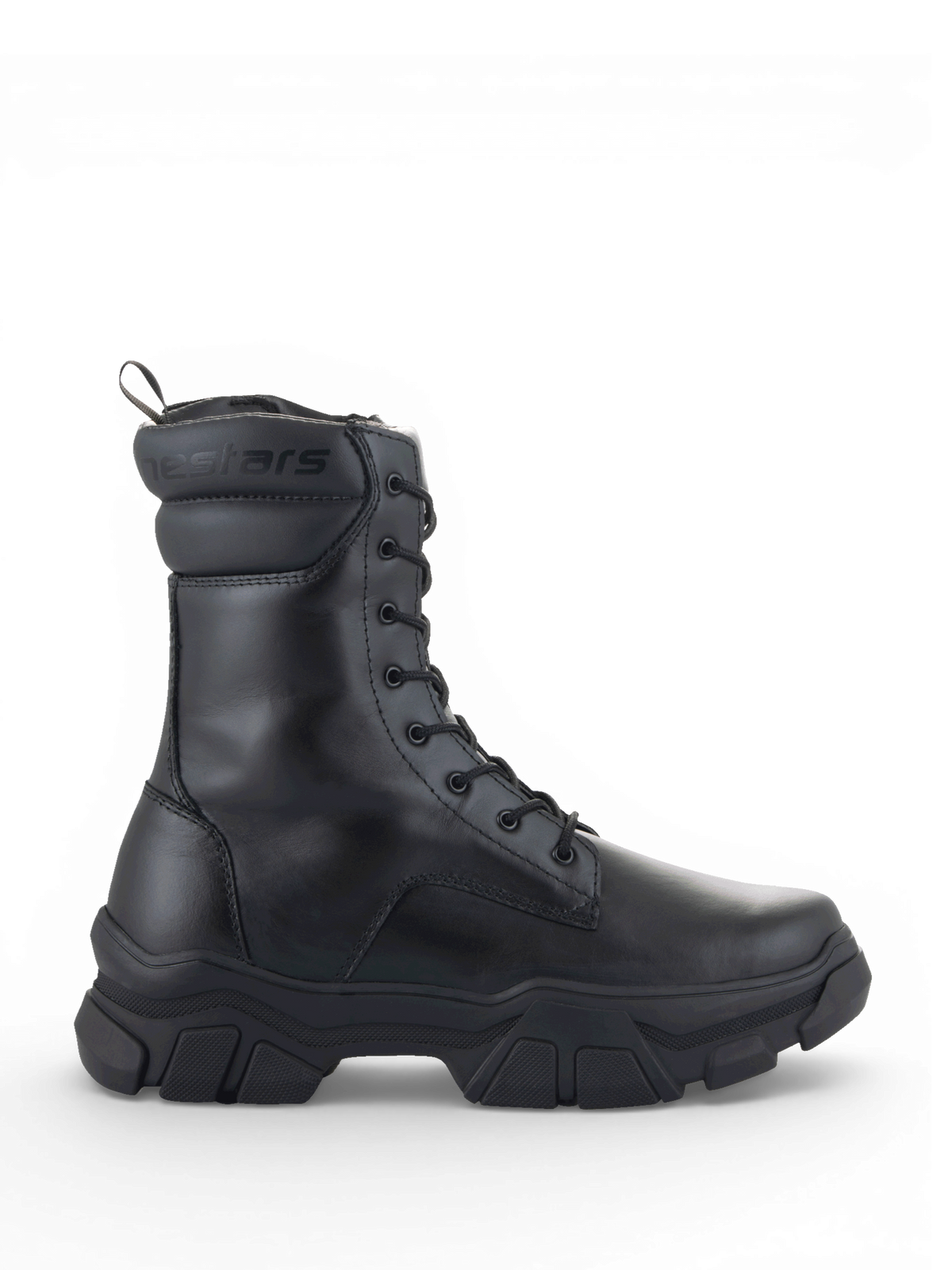 Alpinestars Ava, damskie buty motocyklowe miejskie, czarne, skórzane, z masywną podwyższoną podeszwą i sznurowaniem.