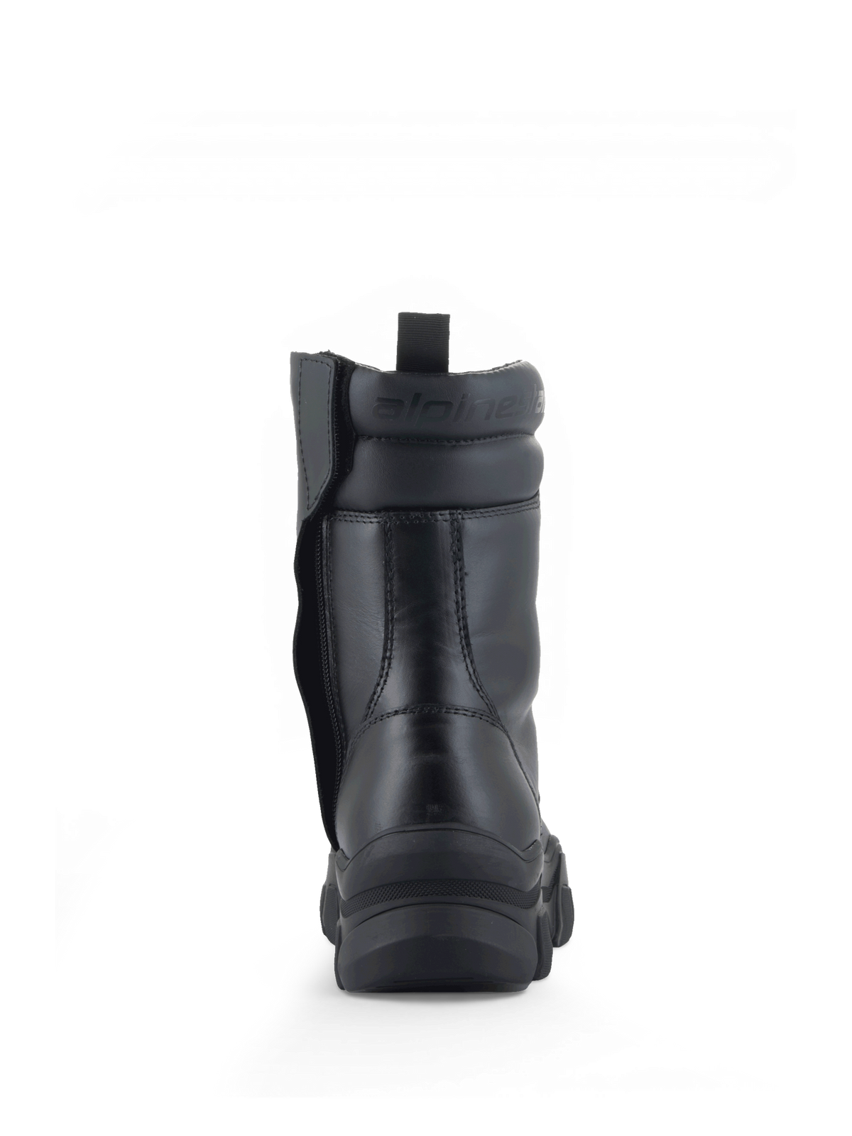 Alpinestars Ava, damskie buty motocyklowe miejskie, czarne, skórzane, widok od tyłu na masywną podeszwę, boczny zamek oraz wyściełany kołnierz z logo