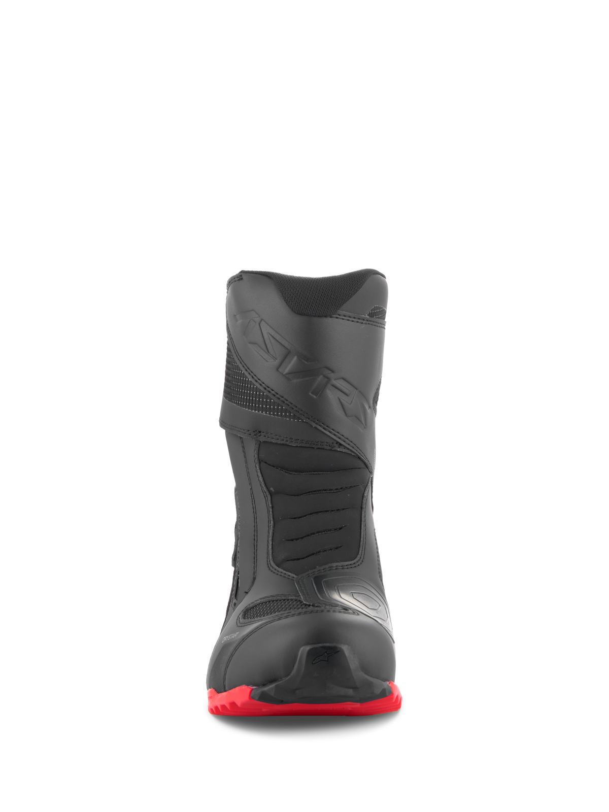 Alpinestars RT-7 Drystar® Boots, Motorcycle Touring Boots, Black and Red, front view, featuring a reinforced toe box, 3D print shift pad, and bright red lugged sole, waterproof adventure riding footwear design.