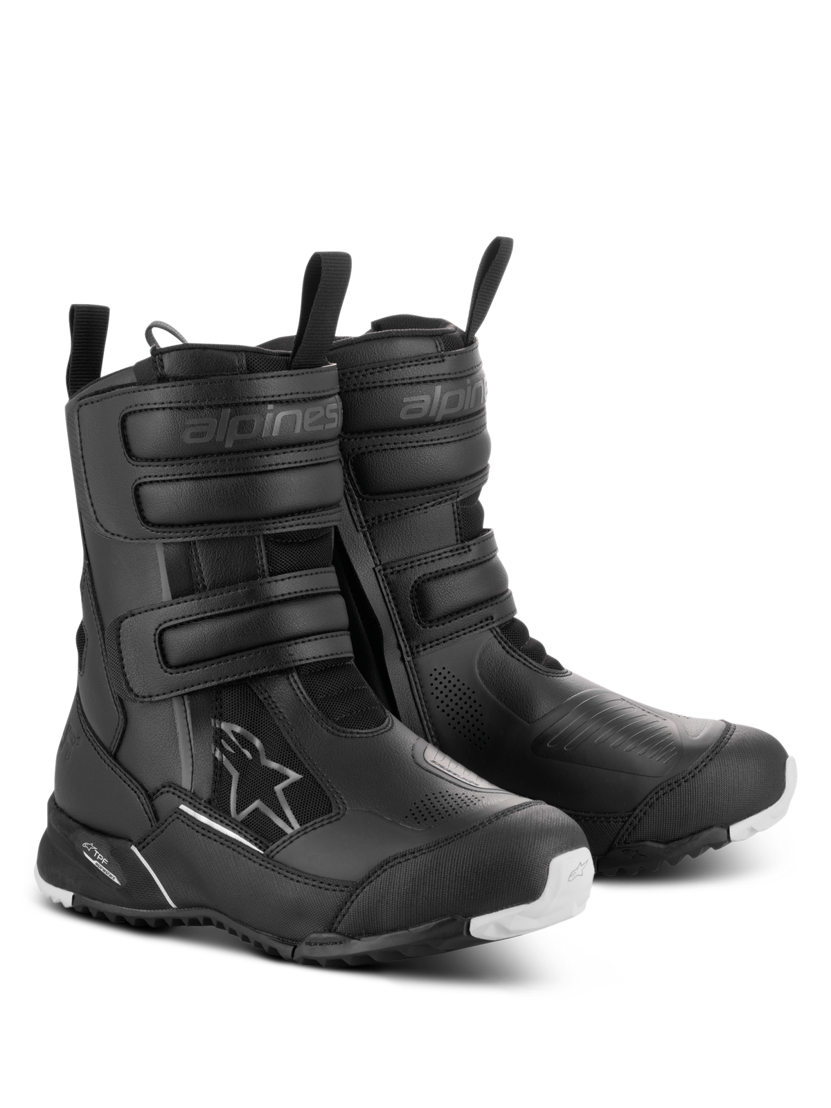 Alpinestars Women Stella RT-7 Touring Drystar® Boots, czarne, wodoodporne motocyklowe buty turystyczne z trzema paskami na rzep, podwójnym zamkiem błyskawicznym i wytrzymałą podeszwą zewnętrzną z białymi akcentami.