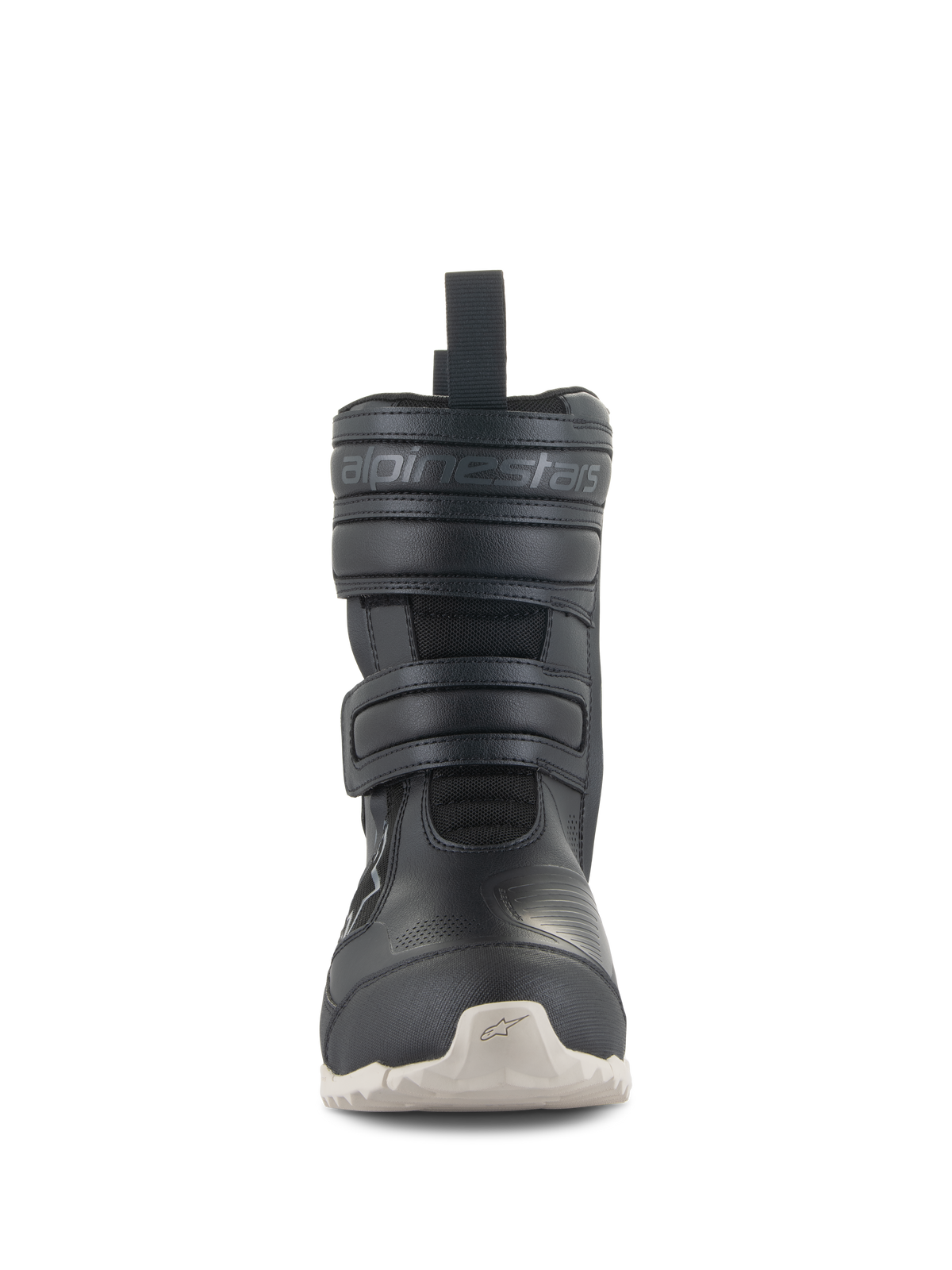 Buty Alpinestars Stella RT-7 Touring Drystar®, damskie motocyklowe buty turystyczne, czarne, widok z przodu, podwójne zapięcie na rzep, wytłoczone logo Alpinestars, cholewka z technicznej mikrofibry i jasna podeszwa z bieżnikiem