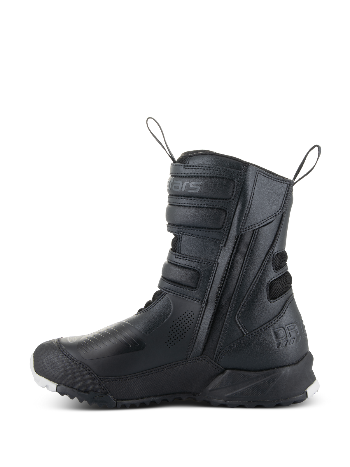 Damskie buty Alpinestars Stella RT-7 Touring Drystar®, damskie motocyklowe buty turystyczne, czarne, widok z profilu bocznego przedstawiający podwójny zamek błyskawiczny, paski regulacyjne na rzepy, wzmocnione strefy ochronne i wytrzymałą podeszwę do jazdy adventure