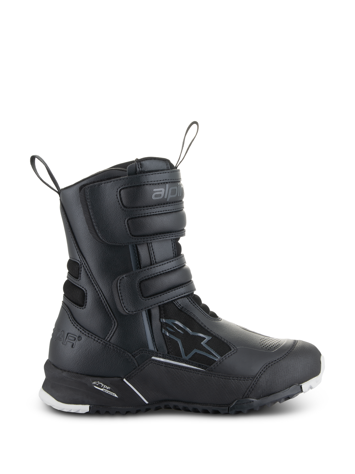 Damskie buty motocyklowe Alpinestars Stella RT-7 Touring Drystar, czarne, widok z boku ukazujący trzy paski na rzep, wodoodporna cholewka z mikrofibry i materiału tekstylnego, wzmocniona pięta z logo gwiazdy, wytrzymała bieżnikowana podeszwa z białymi akcentami
