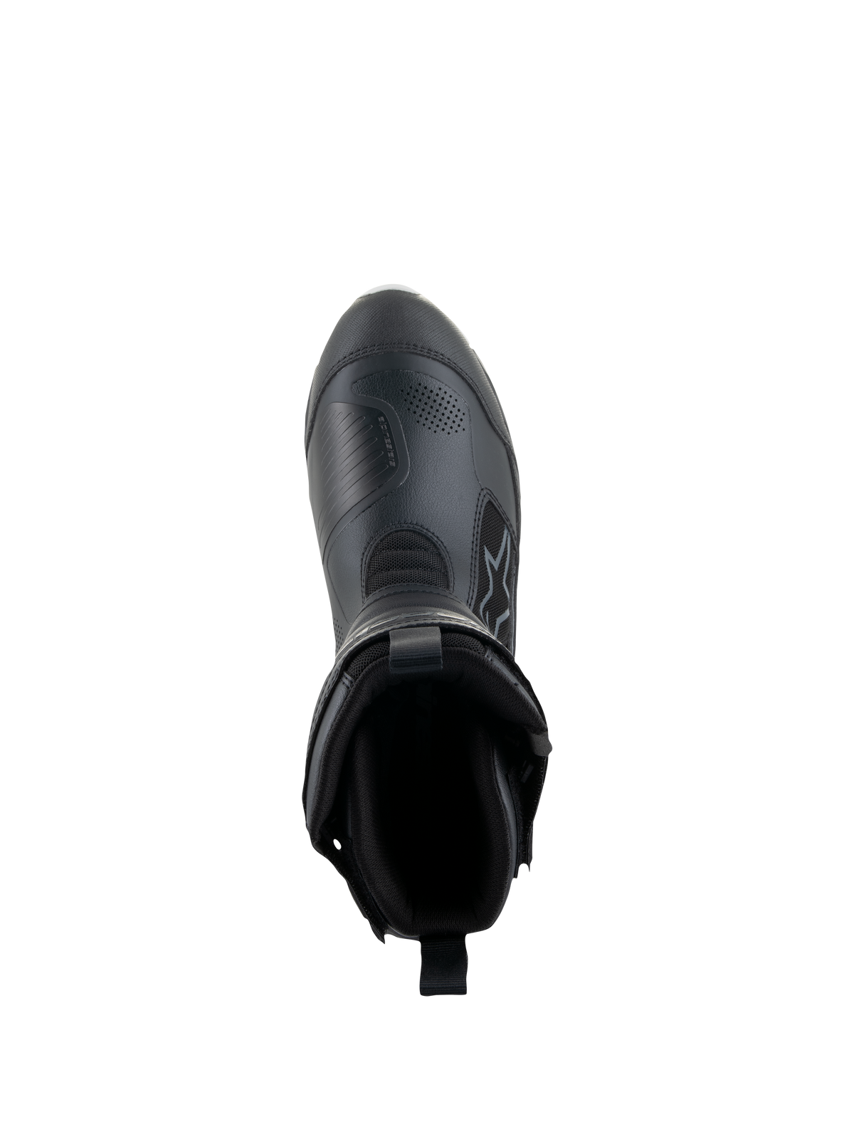 Alpinestars Stella RT-7 Touring Drystar® Boots, damskie buty motocyklowe, czarne, widok z góry ukazujący otwarcie buta i wyściółkę wewnętrzną, zaawansowana konstrukcja z mikrofibry i materiałów tekstylnych do turystyki przygodowej
