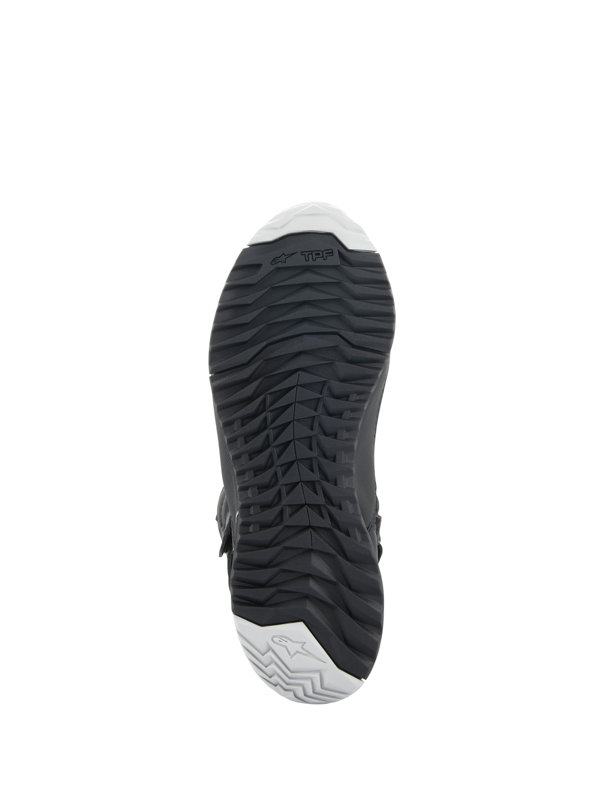 Alpinestars Stella RT-7 Touring Drystar® Boots, damskie buty turystyczne, czarne, widok od dołu prezentujący wytrzymałą gumową podeszwę z agresywnym bieżnikiem dla lepszej przyczepności, logo TPF (Transversal Protection Frame) oraz jasnoszare akcenty na palcach i pięcie.