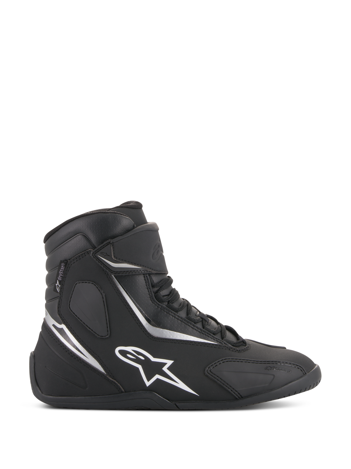 Alpinestars Fastback 2 Drystar, wodoodporne buty motocyklowe, czarno-białe wysokie trampki motocyklowe, profil boczny z białym logo gwiazdy i srebrnymi akcentami, sznurowane zapięcie z paskiem na rzep, wodoodporne miejskie obuwie motocyklowe