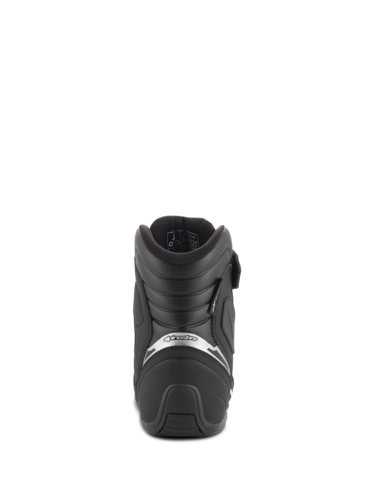 Alpinestars Fastback 2 Drystar® Waterproof Shoes, czarno-białe, widok z tyłu buta motocyklowego, wyściełane wsparcie pięty, srebrne logo i teksturowana gumowa podeszwa