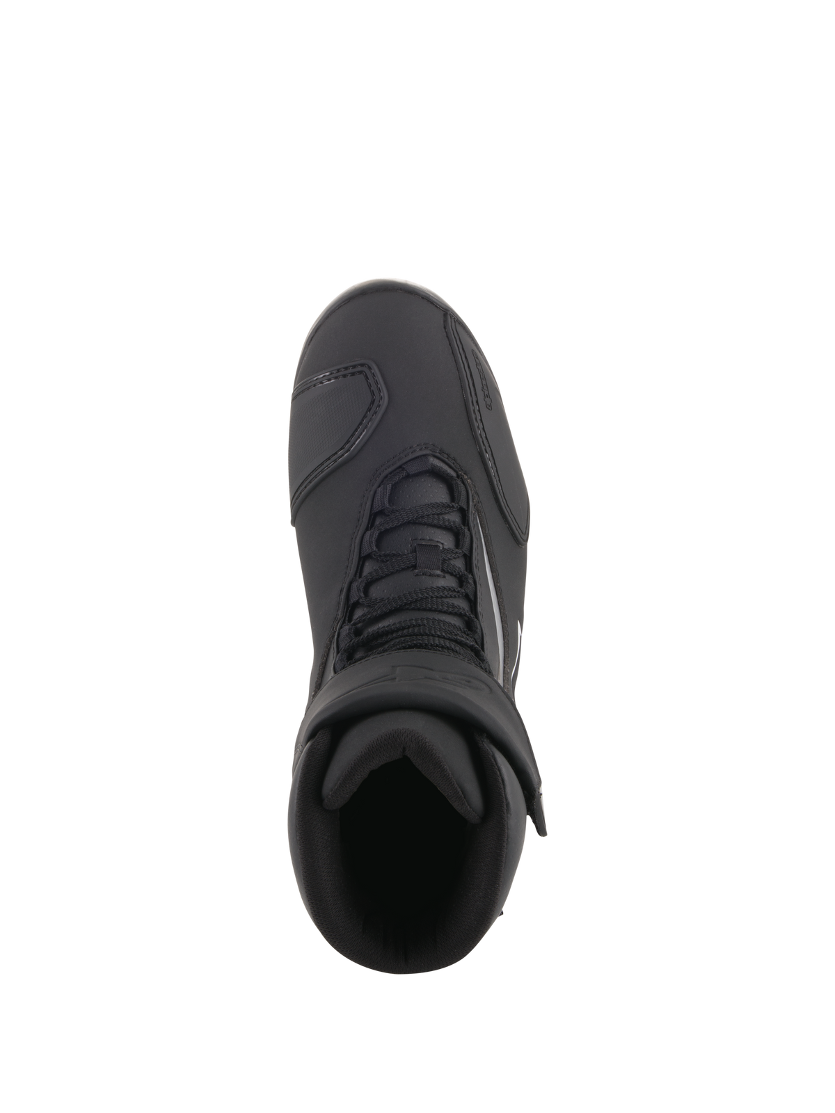 Alpinestars Fastback 2 Drystar® Waterproof Shoes, buty motocyklowe, czarno-białe, widok z góry pokazujący sznurowanie i regulowany pasek na rzep, wodoodporne obuwie do jazdy szosowej
