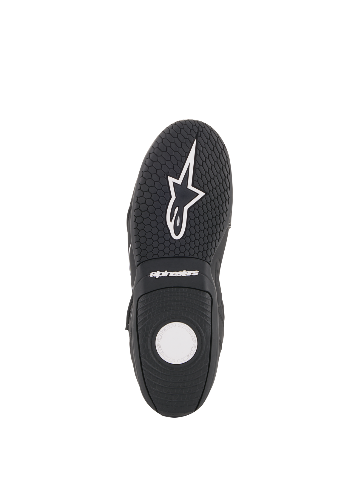 Alpinestars Fastback 2 Drystar® Waterproof Shoes, buty motocyklowe, czarno-białe, widok podeszwy pokazujący teksturowaną gumową podeszwę zewnętrzną, sześciokątny wzór bieżnika i białe logo Alpinestars