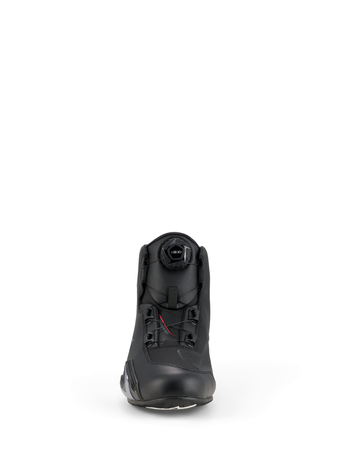 Alpinestars Celer Shoes, Motorcycle Riding Shoes, Black, front view featuring the integrated Rotor Closure System dial, technical microfiber construction with a streamlined profile and reinforced toe area.