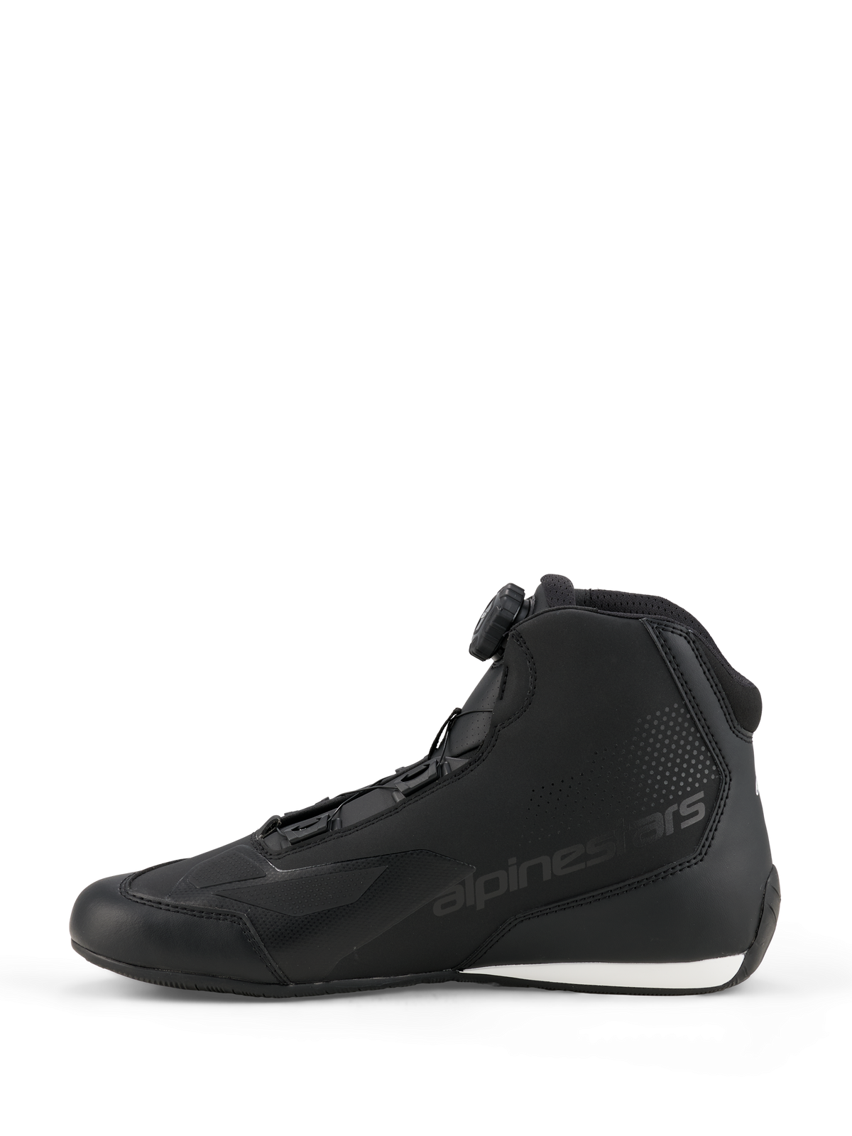 Alpinestars Celer Shoes, Motorcycle Riding Shoes, Black and White, side profile featuring the Rotor Closure System dial, sleek microfiber construction with embossed logo and white contrast on the heel.