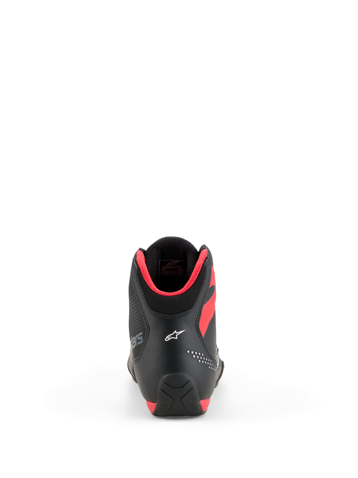 Alpinestars Celer Shoes, Motorcycle Riding Shoes, Black and Bright Red, rear view showing white Astar logo on the heel and bright red collar padding, sleek sport performance design