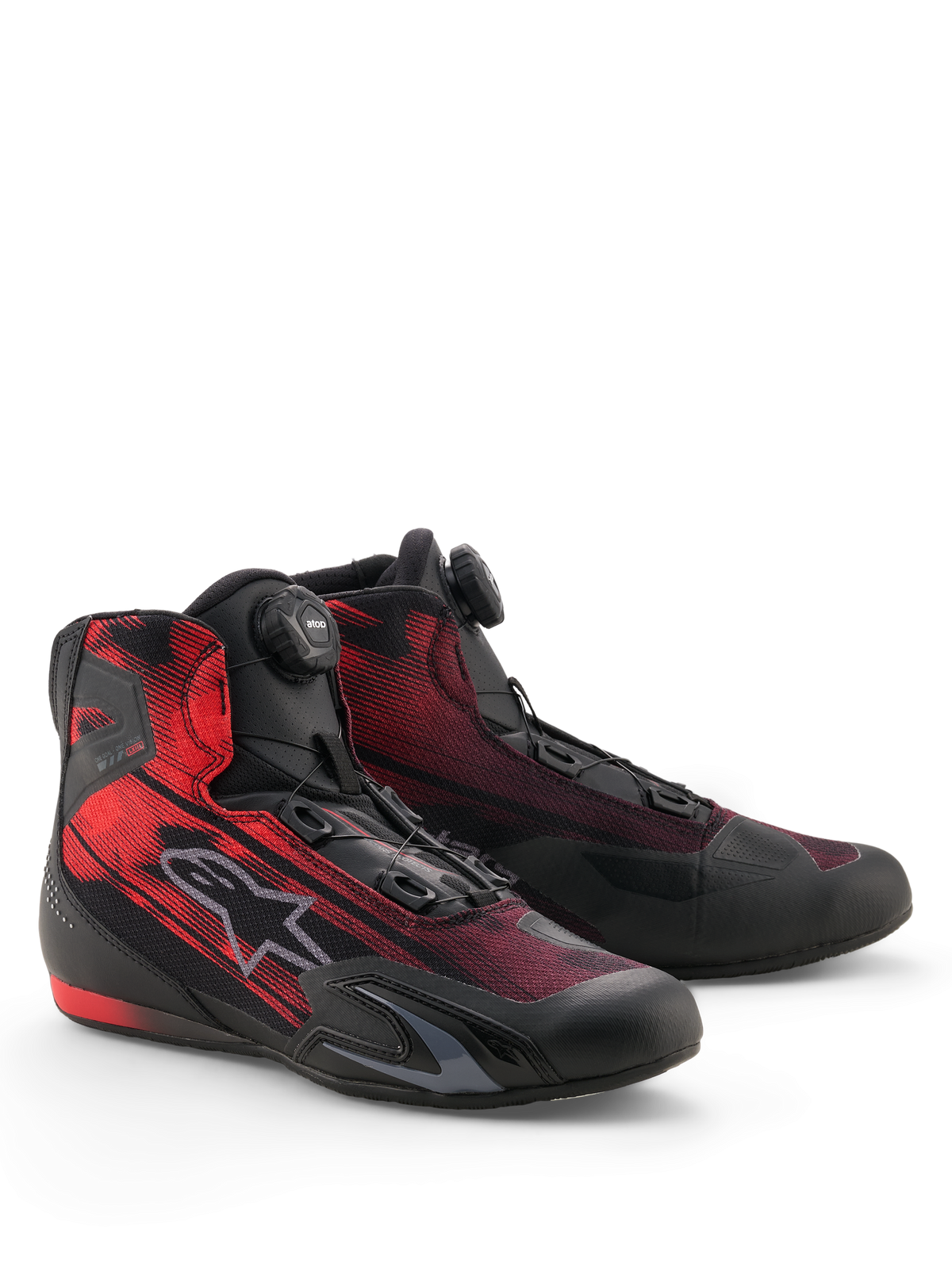 Alpinestars Celer Superair Shoes, Sport Motorcycle Riding Shoes, Black and Bright Red, featuring the Alpinestars Rotor Closure System and breathable airflow textile upper, sleek design with TPU reinforcements and textured grip sole