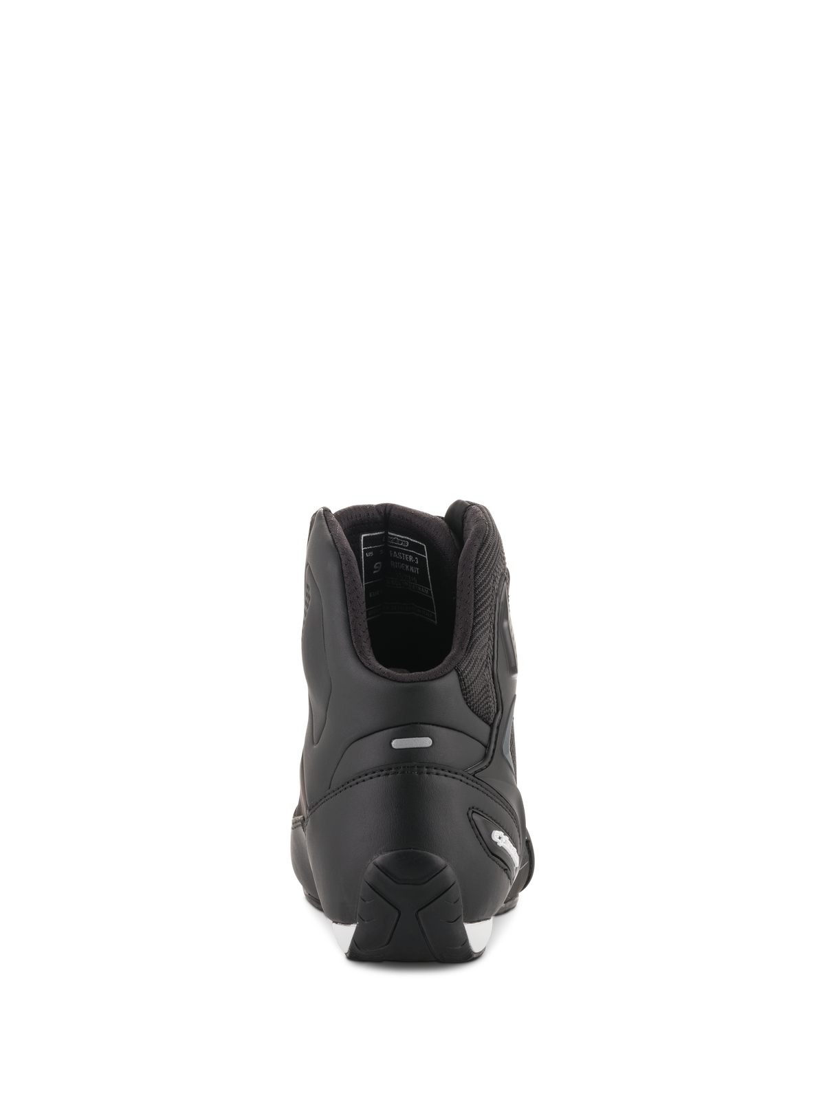 Buty Alpinestars Faster-3 Rideknit®, czarne buty motocyklowe, widok z tyłu pokazujący stabilizator pięty TPR i konstrukcję z mikrowłókna, smukłe i ochronne obuwie szosowe