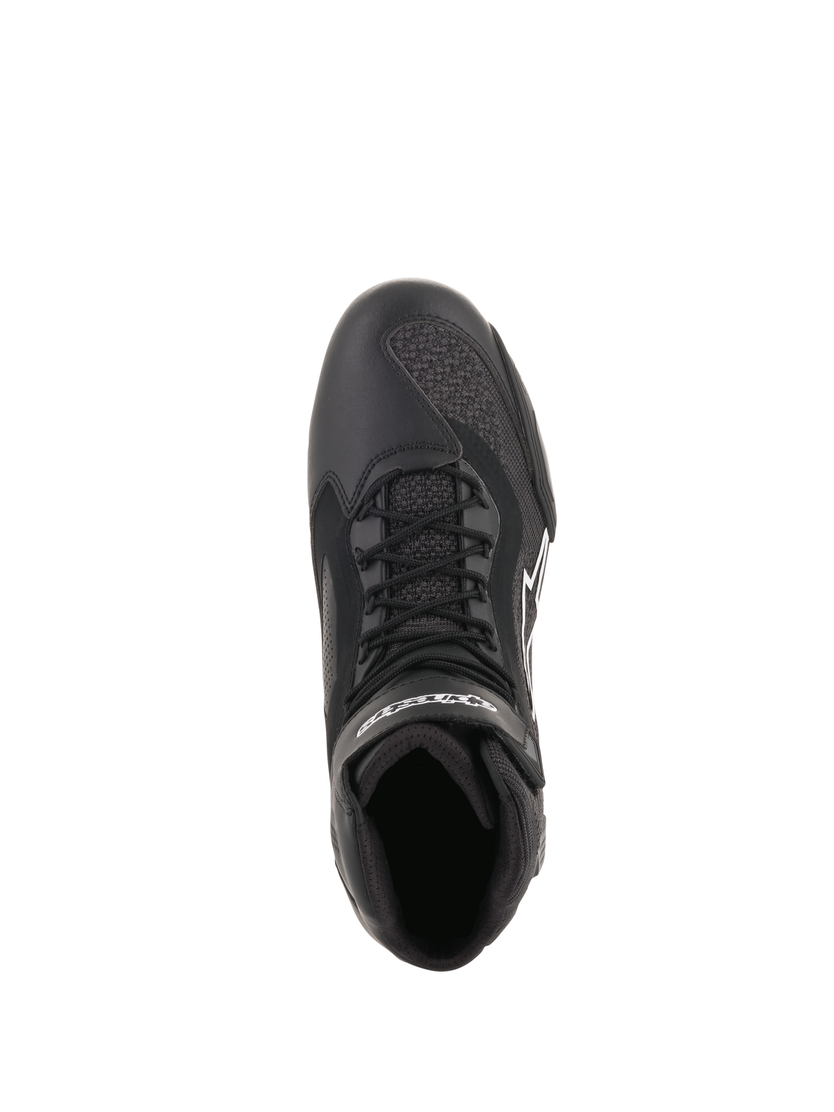 Buty Alpinestars Faster-3 Rideknit®, czarne, widok z góry pokazujący sznurowadła i oddychające panele z siateczki, lekka konstrukcja z mikrofibry i dzianiny, wydajne obuwie motocyklowe