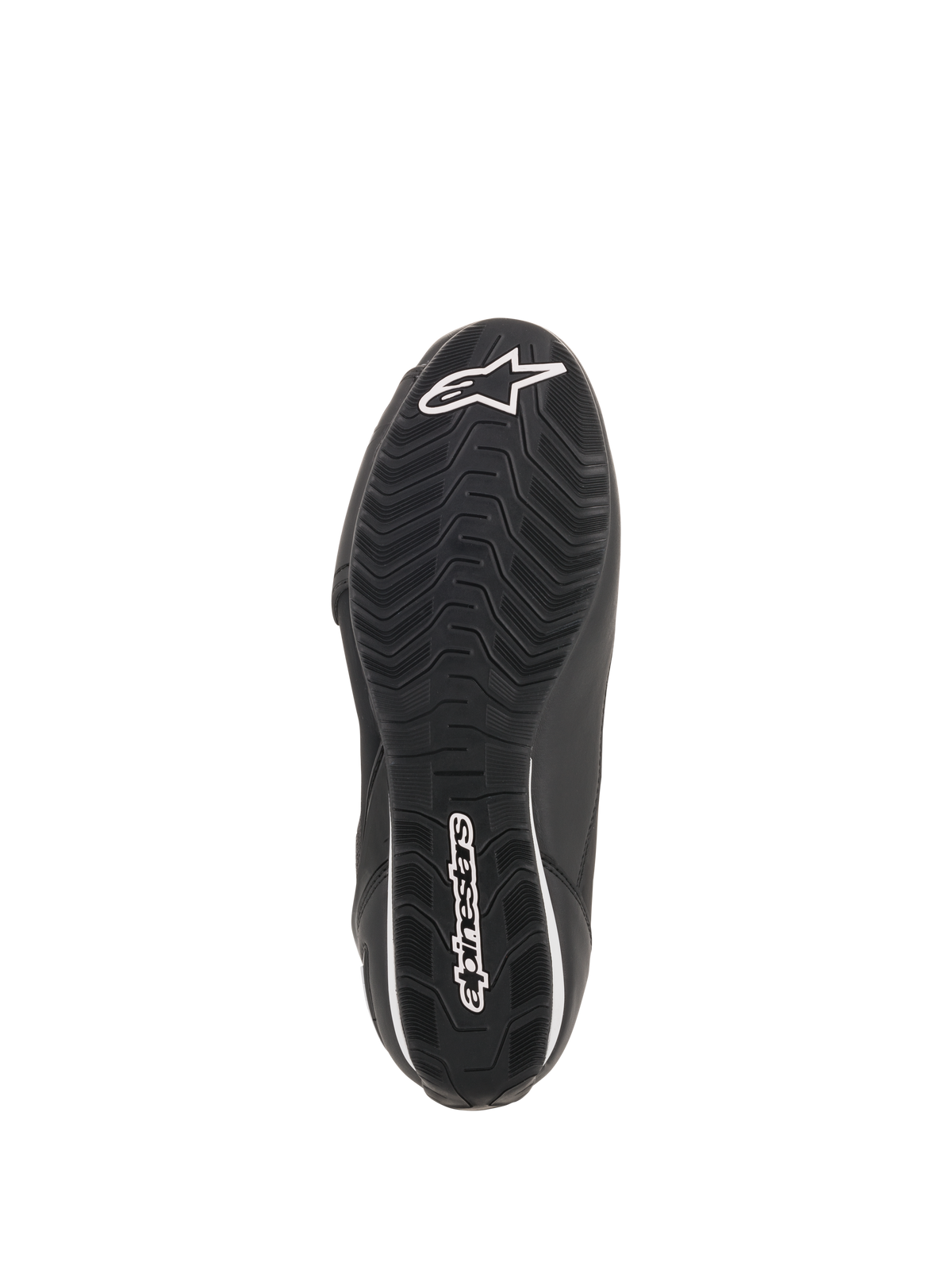 Buty Alpinestars Faster-3 Rideknit®, czarne, widok podeszwy od spodu z teksturowanym, falistym wzorem bieżnika, białe logo i napis Alpinestars, sportowe buty motocyklowe