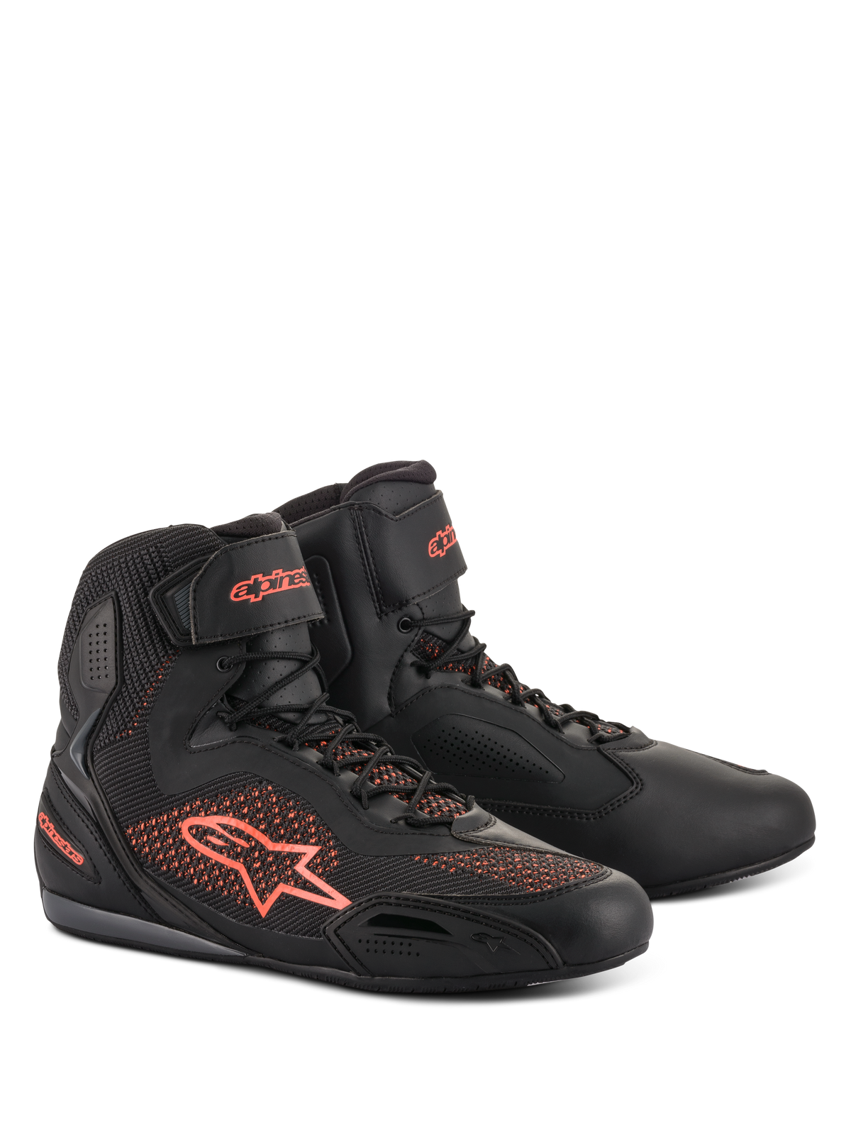 Alpinestars Faster-3 Rideknit Shoes, Motorcycle Riding Shoes, Black and Red Fluorescent, featuring breathable knit panels and lightweight microfiber construction, high-top profile with Alpinestars logo on the side and heel, secure lace-up closure with hook-and-loop ankle strap