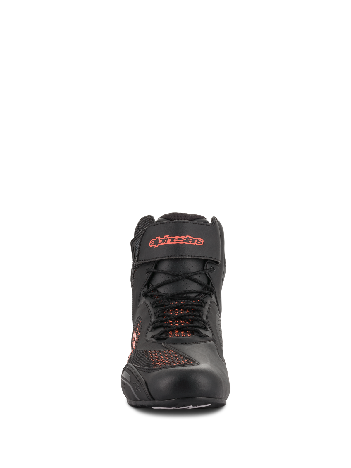 Alpinestars Faster-3 Rideknit® Shoes, Black and Red Fluo, front-facing view, motorcycle riding shoe featuring breathable knit mesh panels and Velcro ankle strap with red logo