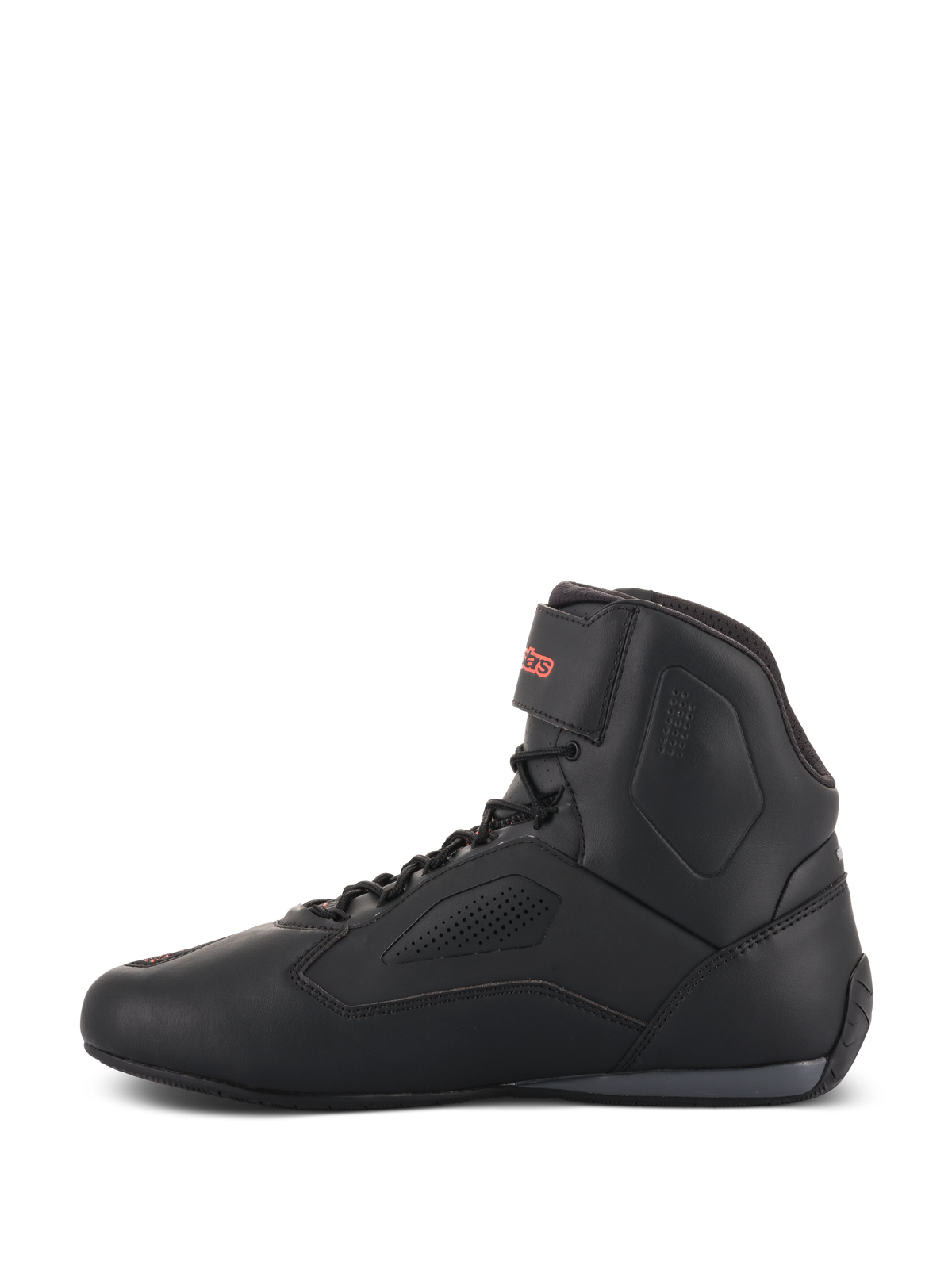 Alpinestars Faster-3 Rideknit® Shoes, Black motorcycle riding shoe, side profile view, matte black microfiber upper with perforated panels for airflow, lace-up system with red Alpinestars logo on the ankle strap, sporty road riding design