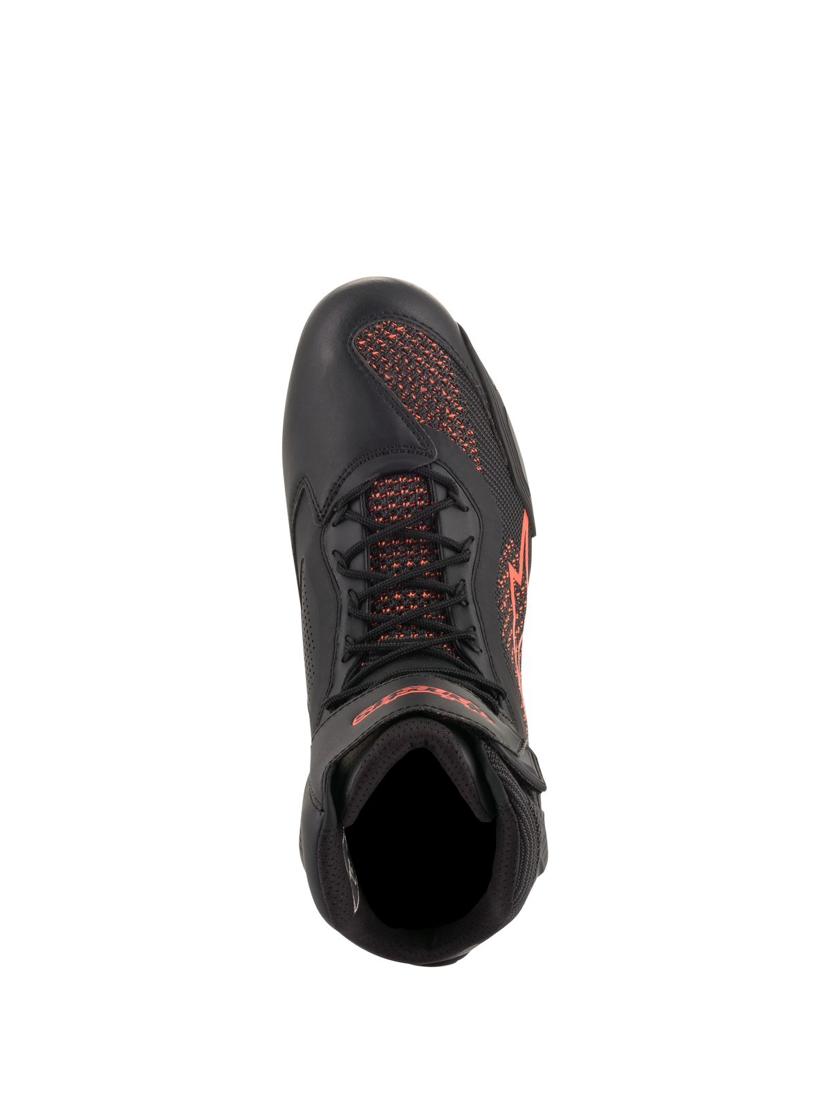 Alpinestars Faster-3 Rideknit® Shoes, Motorcycle Riding Shoes, Black and Red Fluorescent, top-down view, featuring breathable knit panels and microfiber construction with red logo details