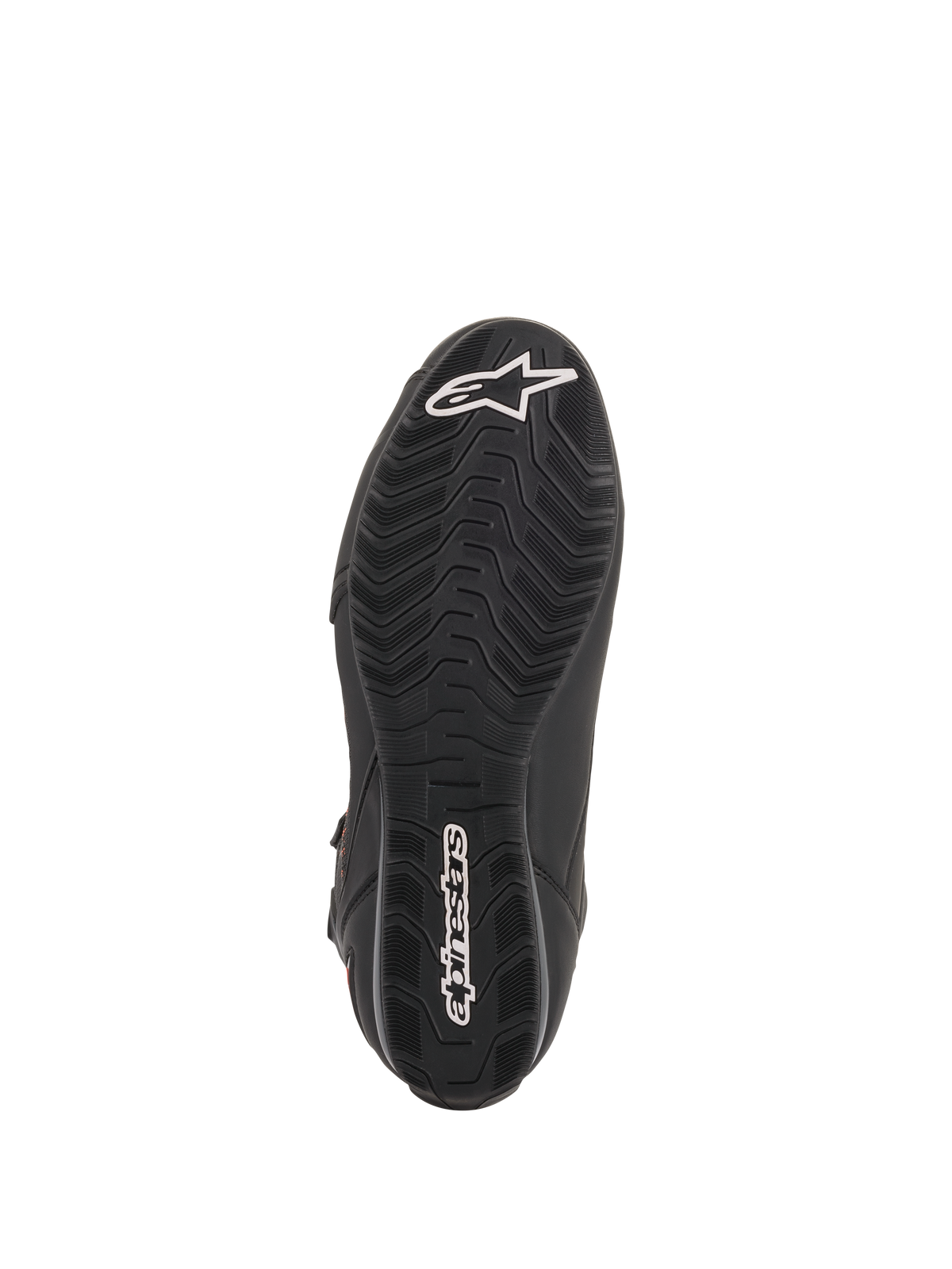 Alpinestars Faster-3 Rideknit® Shoes, Black Motorcycle Riding Shoes, Sole View featuring a textured grip pattern and white Alpinestars logos on the toe and heel