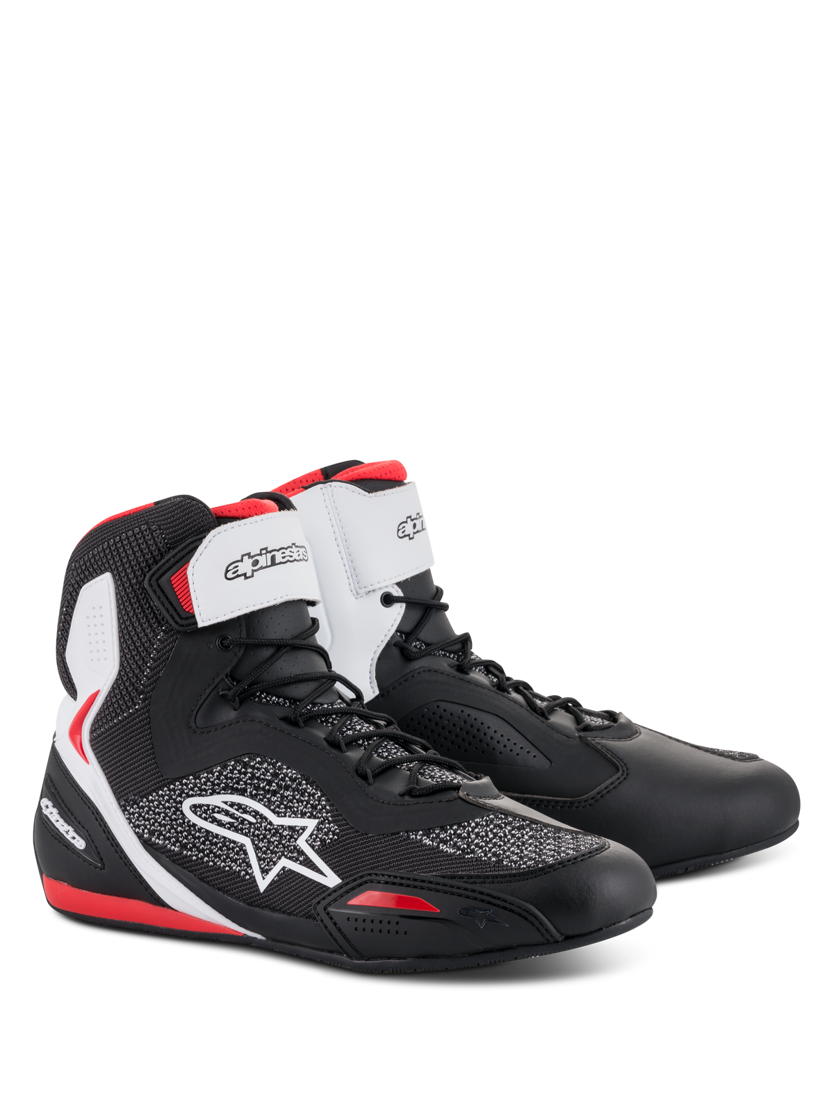 Alpinestars Faster-3 Rideknit® Shoes, motorcycle riding shoes in Black White Red, high-top design with microfiber and mesh knit upper, white Alpinestars branding on the ankle strap and side logo, red accents on the heel and toe, sporty road racing style.