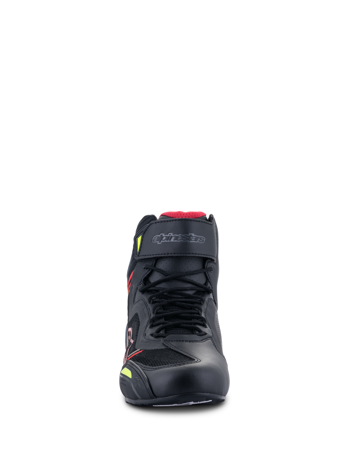 Buty Alpinestars Faster-3 Rideknit®, buty motocyklowe, czarne z czerwonymi i żółtymi fluorescencyjnymi akcentami, widok z przodu, sznurowadła, pasek na rzep na kostce, oddychające panele z dzianiny z czerwoną wyściółką