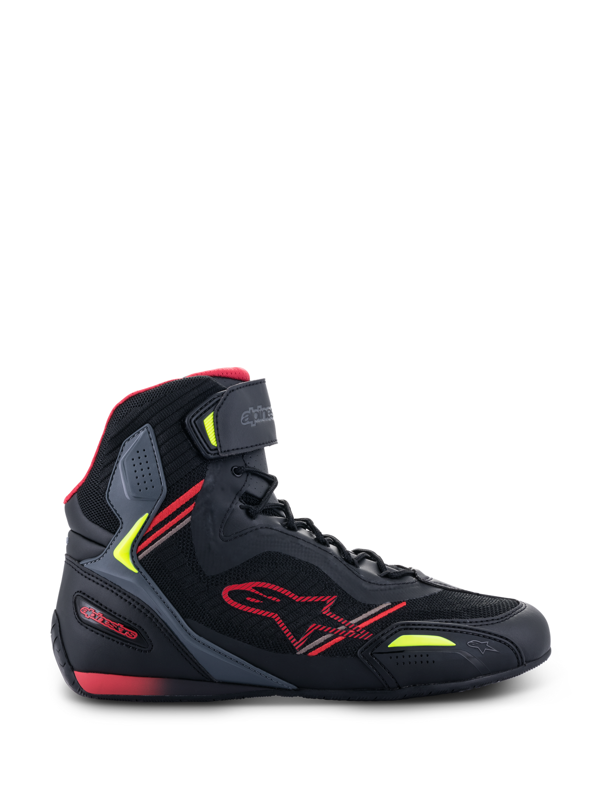 Alpinestars Faster-3 Rideknit®, buty motocyklowe, czarne z czerwonymi i żółtymi akcentami fluo, profil boczny prezentujący konstrukcję z oddychającej siateczki i mikrofibry, fason za kostkę z czerwonym logo gwiazdy i regulowanym paskiem na kostce