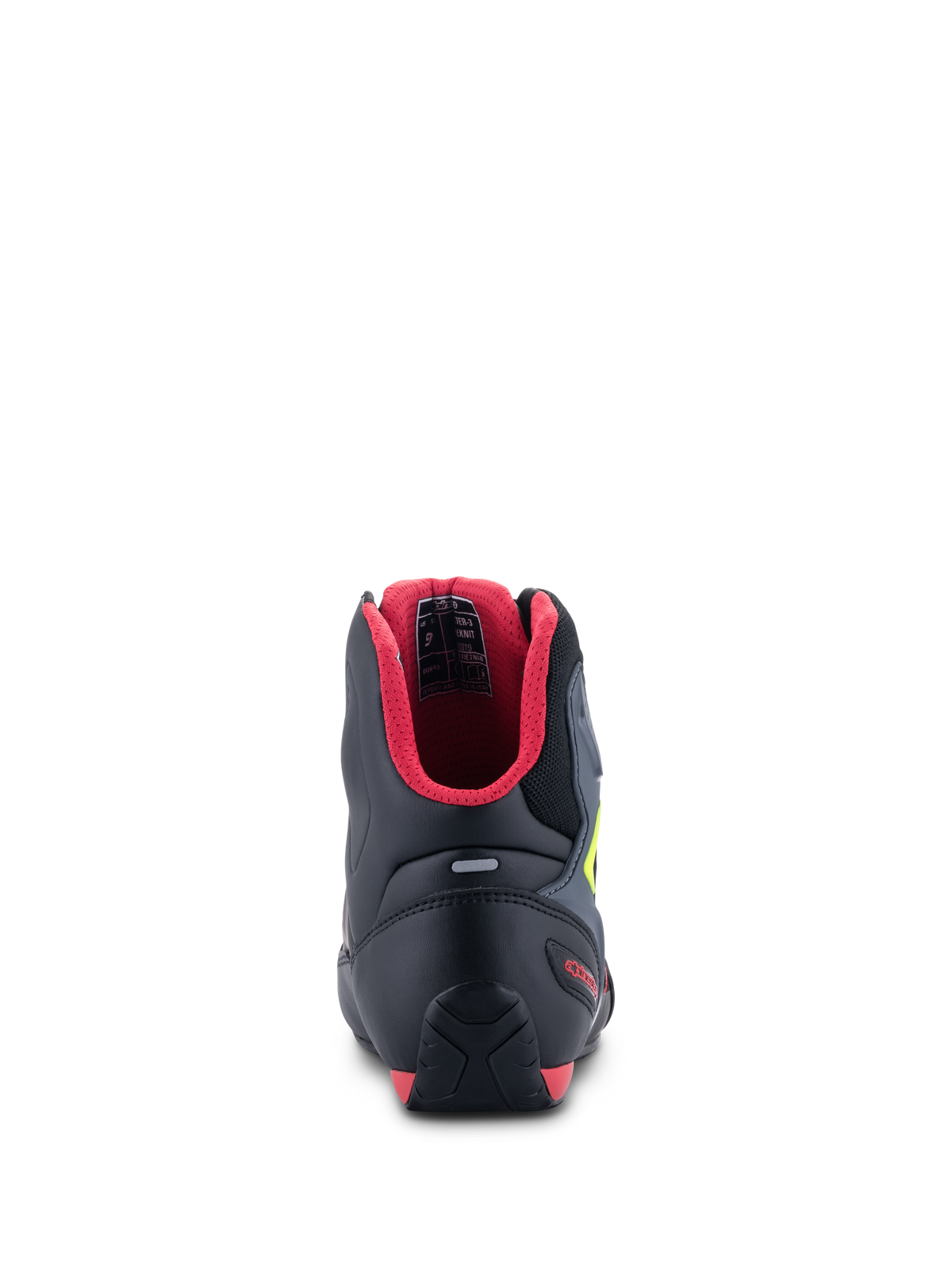 Buty Alpinestars Faster-3 Rideknit®, widok z tyłu, czarne z czerwoną wyściółką i żółtymi akcentami fluo, wyposażone w ochraniacz pięty TPR i pasek odblaskowy, sportowe buty motocyklowe