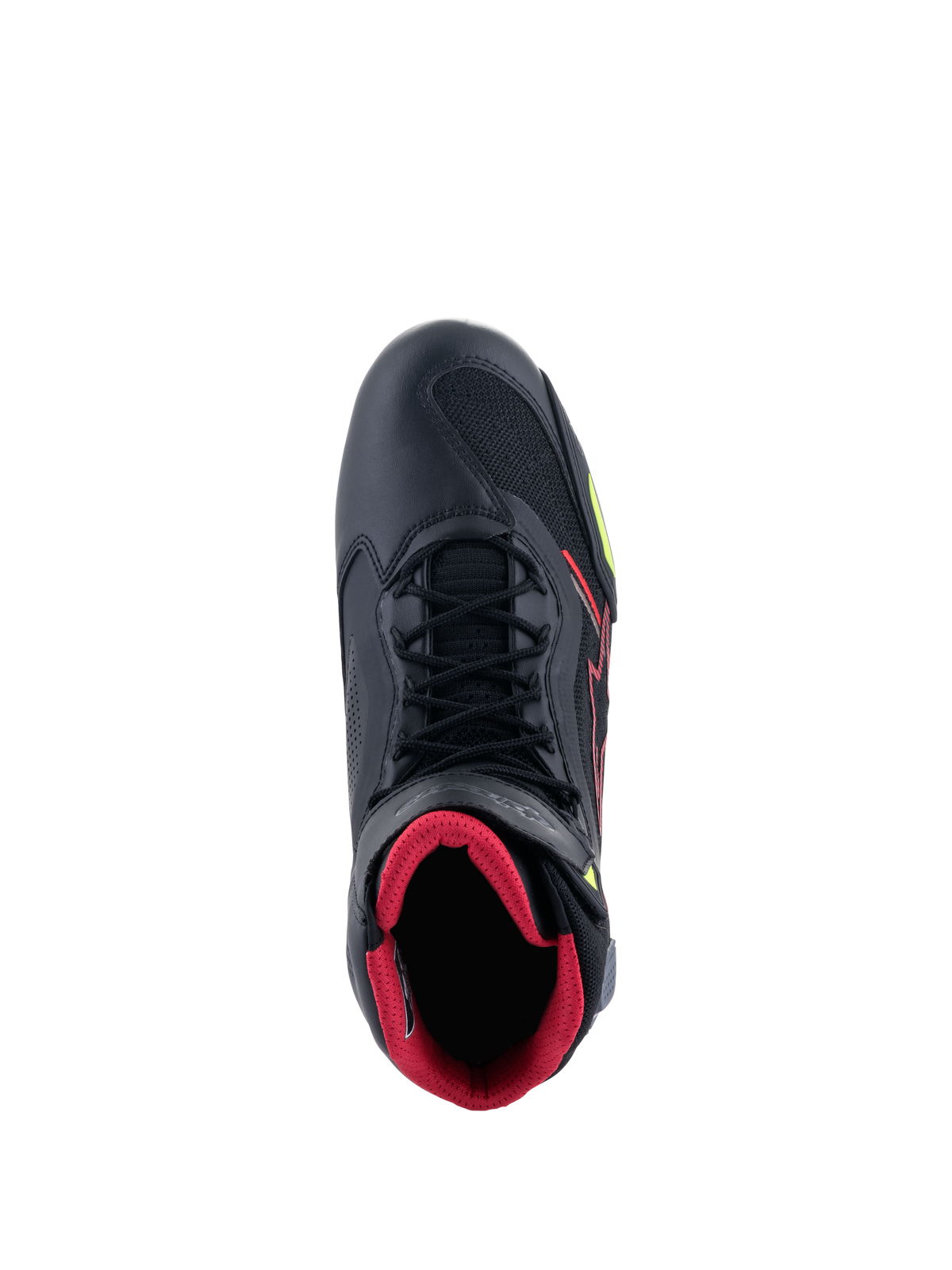 Alpinestars Faster-3 Rideknit® Shoes, widok z góry na czarny but motocyklowy, czerwona wewnętrzna wyściółka, czarne sznurowadła, przewiewne panele z dzianiny, czerwone i żółte akcenty fluo, lekkie sportowe obuwie motocyklowe