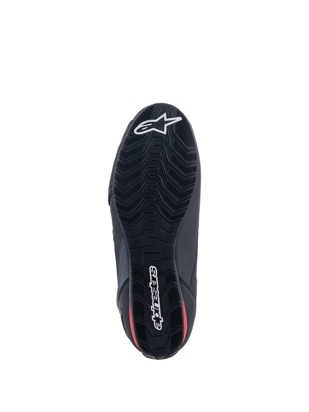 Buty Alpinestars Faster-3 Rideknit®, widok od spodu, czarna podeszwa z czerwonymi akcentami, teksturowany wzór bieżnika zapewniający przyczepność, białe logo gwiazdy Alpinestars na palcach i logotyp na pięcie, lekkie obuwie motocyklowe