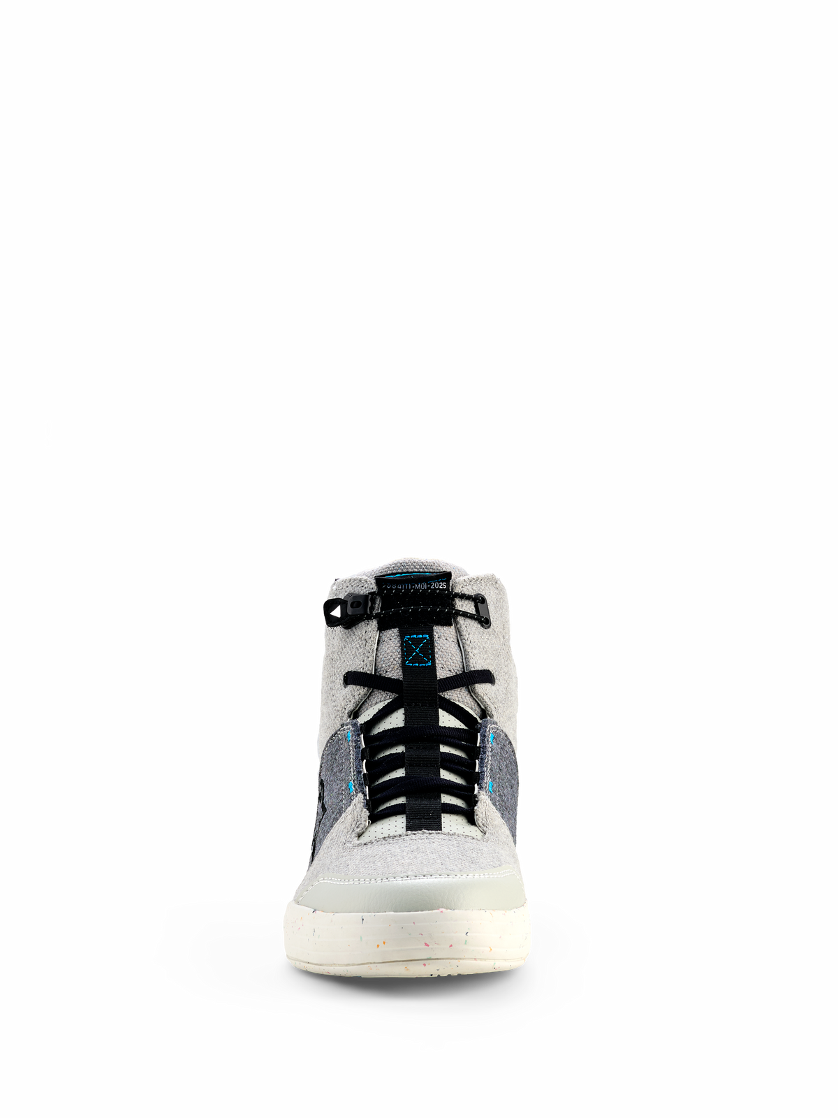 Buty motocyklowe Alpinestars Circal, szaro-czarne i niebieskie Methyl Blue, widok z przodu miejskiego obuwia motocyklowego, wysoki fason z panelami z płótna, czarne elastyczne sznurowadła i nakrapiana podeszwa w kolorze złamanej bieli