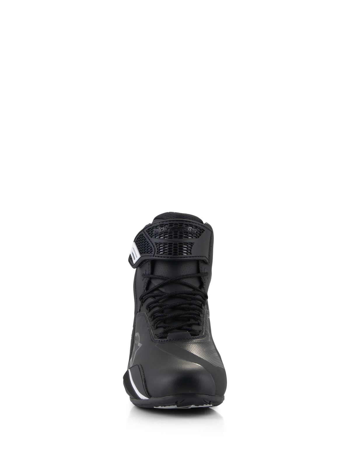 Alpinestars Faster-4 Shoes, Motorcycle Riding Shoes, Black, front view showing traditional lace closure and hook-and-loop strap, advanced microfiber upper with protective reinforcements, sleek and technical road riding footwear