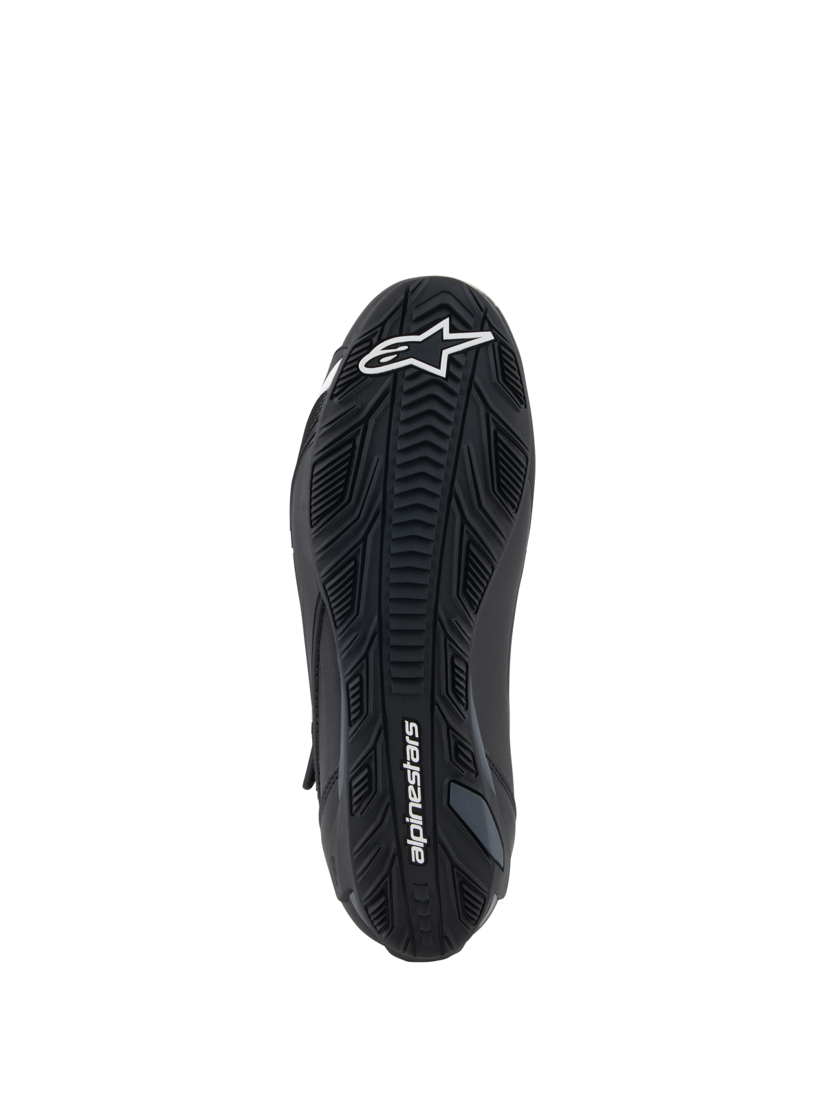 Alpinestars Faster-4 Shoes, Black, bottom view of the rubber outsole featuring textured grip patterns, white Alpinestars logo on the forefoot and branding on the heel, performance motorcycle riding shoe