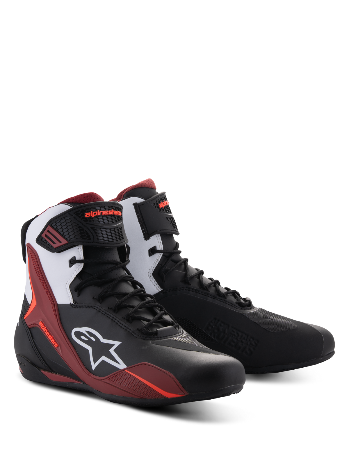 Buty Alpinestars Faster-4, buty motocyklowe, czarno-białe i ciemnoczerwone, ze sznurowanym zapięciem i paskiem na kostkę, białe logo Alpinestars z boku, sportowy design ze wzmocnioną ochroną do jazdy szosowej