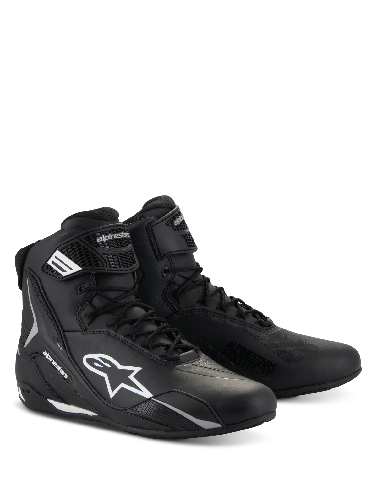 Buty Alpinestars Stella Faster-4, damskie buty motocyklowe, czarne z białymi akcentami, sportowy design za kostkę ze sznurowaniem i paskiem na rzep, wytrzymała konstrukcja z mikrowłókna z ochronnym logo z boku