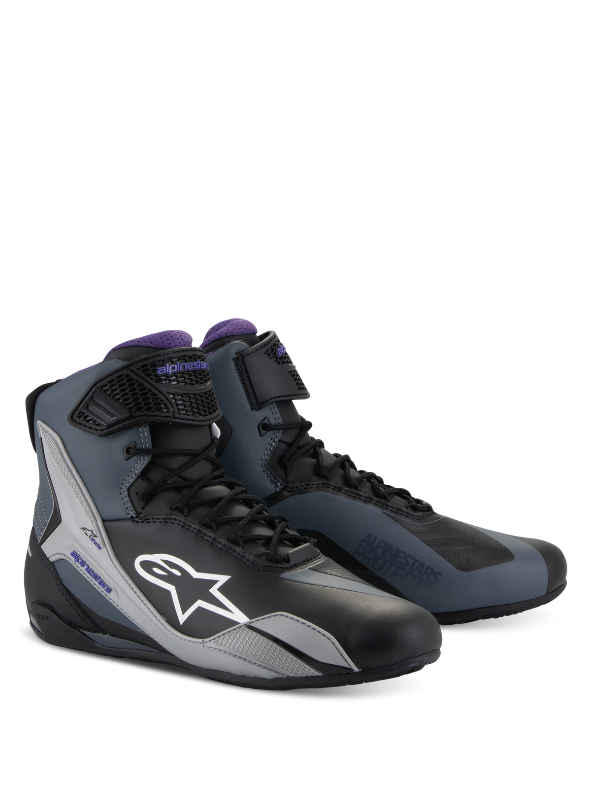 Alpinestars Stella Faster-4, damskie buty motocyklowe, czarno-szare z fioletem, techniczna wysoka konstrukcja sznurowana.