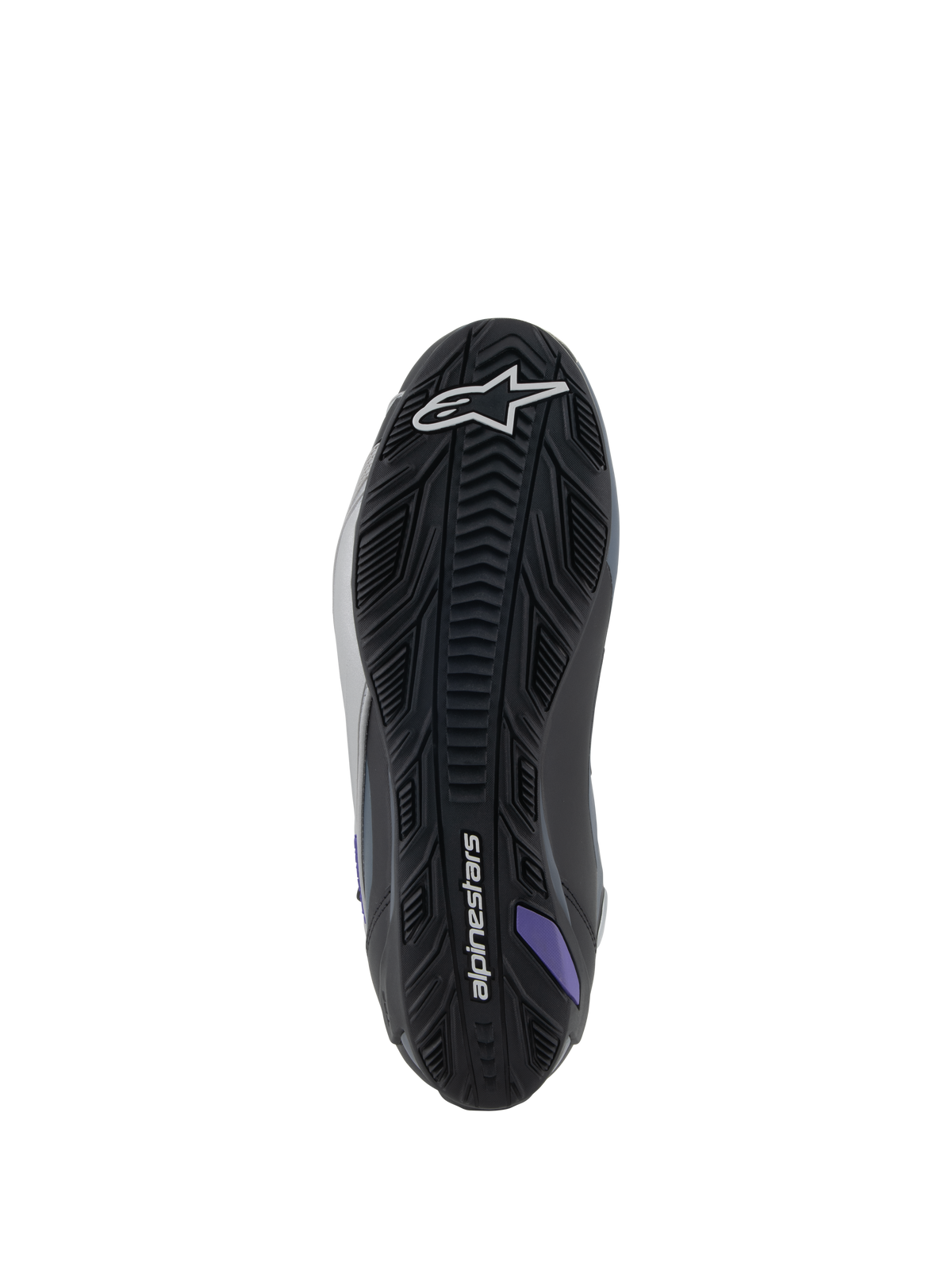 Alpinestars Stella Faster-4, damskie buty motocyklowe, podeszwa z teksturowanej gumy, czarne, szare i fioletowe.
