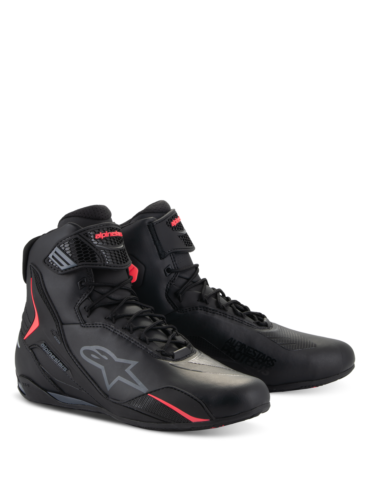 Alpinestars Stella Faster-4 Shoes, Women's Motorcycle Riding Shoes, Black and Diva Pink, technical high-top design with lace closure and adjustable strap, featuring the Alpinestars logo and vibrant pink accents, sleek protective footwear for road riding