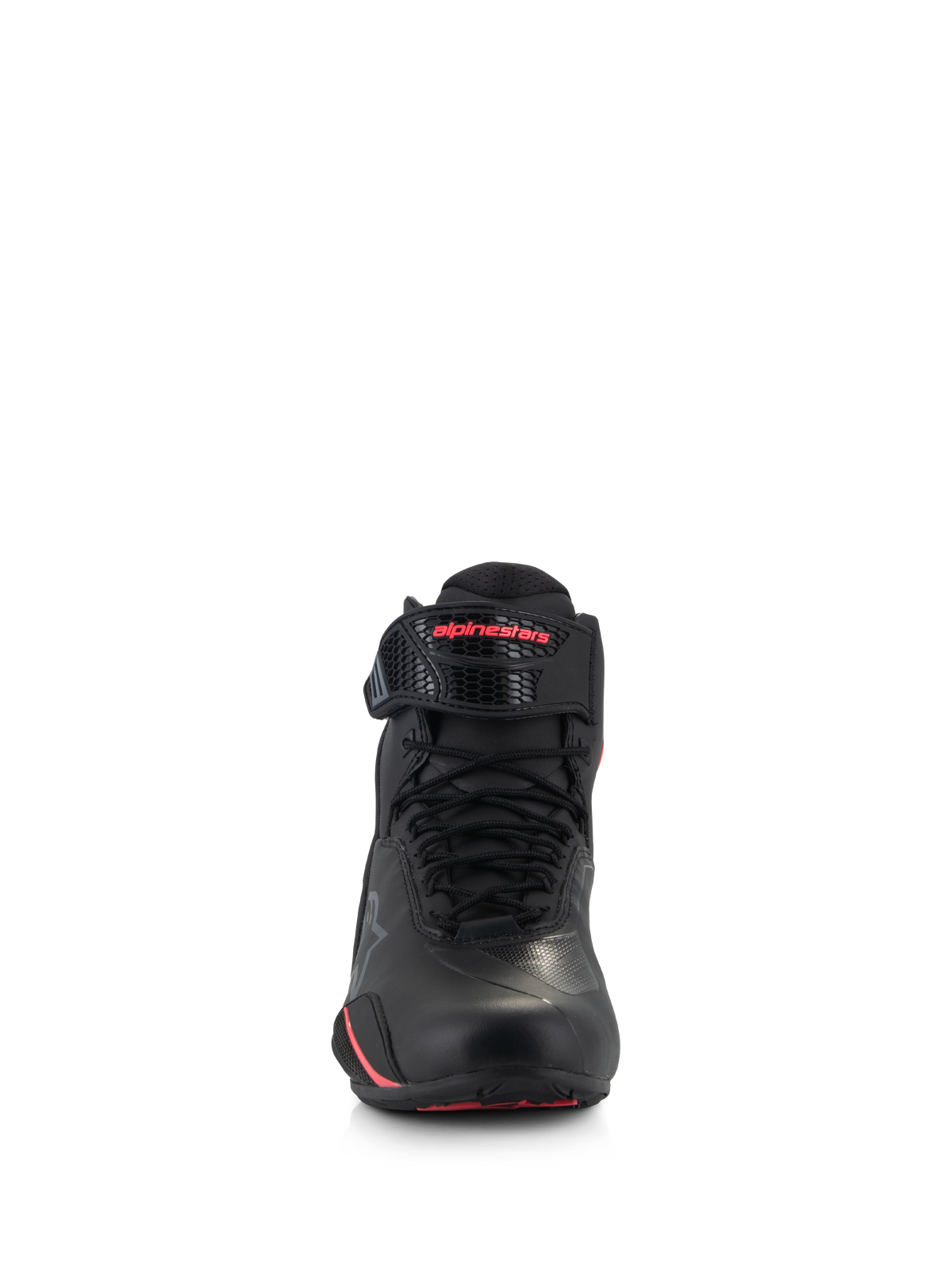 Alpinestars Woman Stella Faster-4 Shoes, Women's Motorcycle Riding Shoes, Black and Diva Pink, front view featuring black laces, adjustable ankle strap with pink logo, and sleek microfiber construction