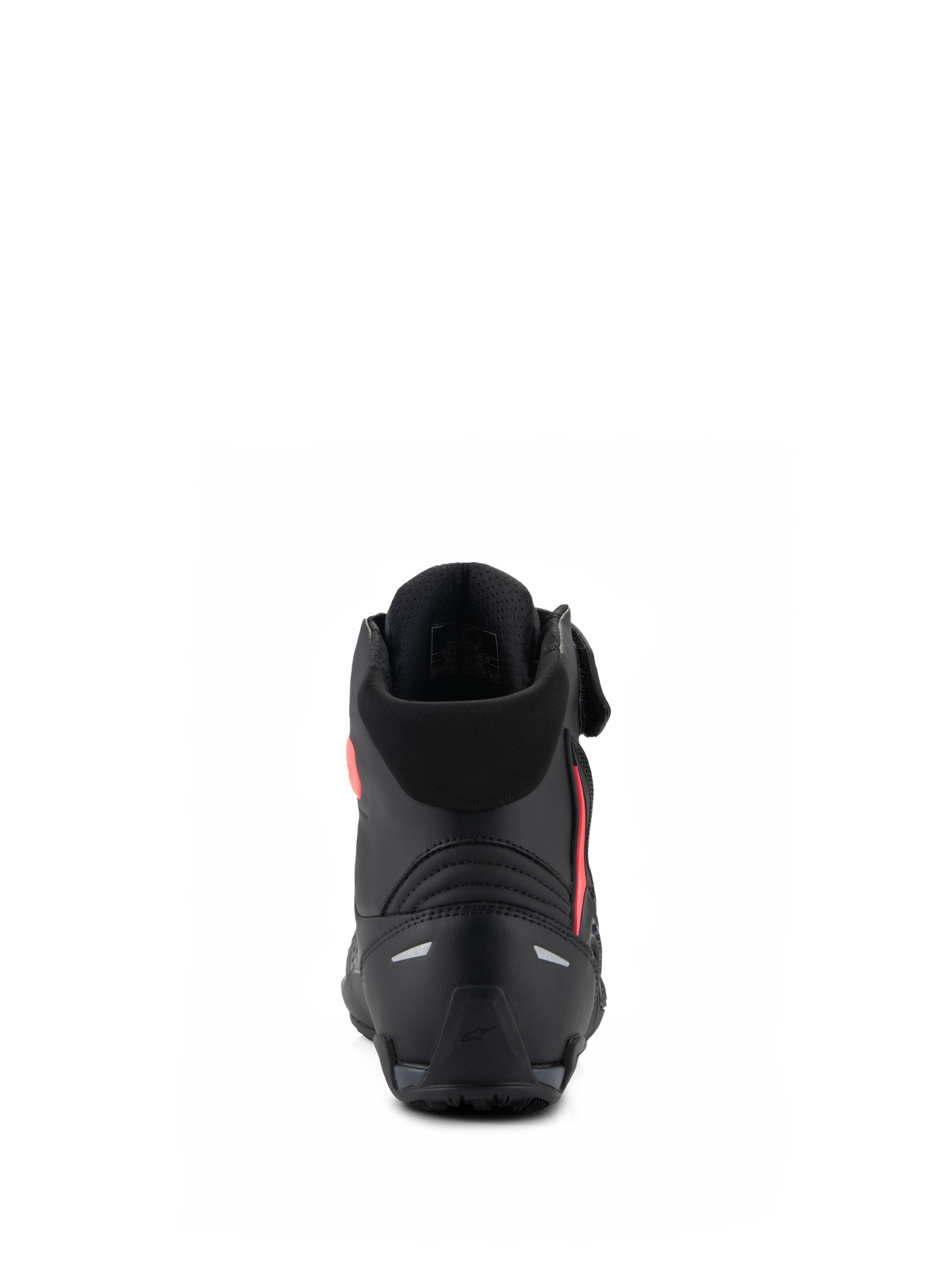 Alpinestars Woman Stella Faster-4 Shoes, Black and Diva Pink, Rear view showcasing the reinforced heel counter, soft textile collar, and sleek ergonomic design for performance motorcycle riding.