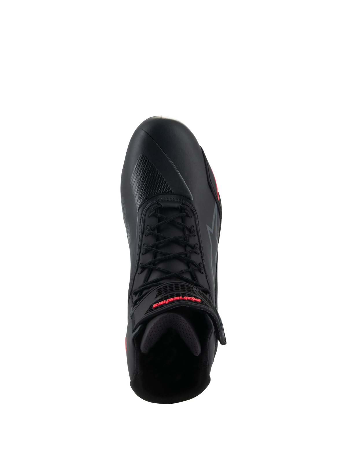 Alpinestars Woman Stella Faster-4 Shoes, Black and Diva Pink, top view of a single motorcycle riding shoe, featuring black laces, an ankle strap with red branding, and a sleek microfiber upper