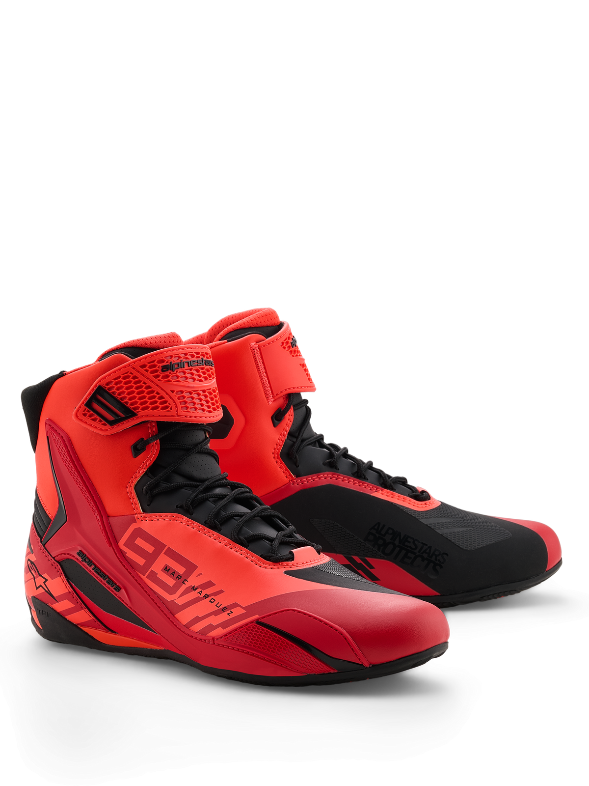 Alpinestars MM93 Faster-4 Shoes, Motorcycle Riding Shoes, Red Fluo, Bright Red, and Black, front-right perspective, featuring Marc Marquez 93 branding, traditional lace closure with hook-and-loop strap, sporty design with protective TPU accents and lightweight microfiber construction.