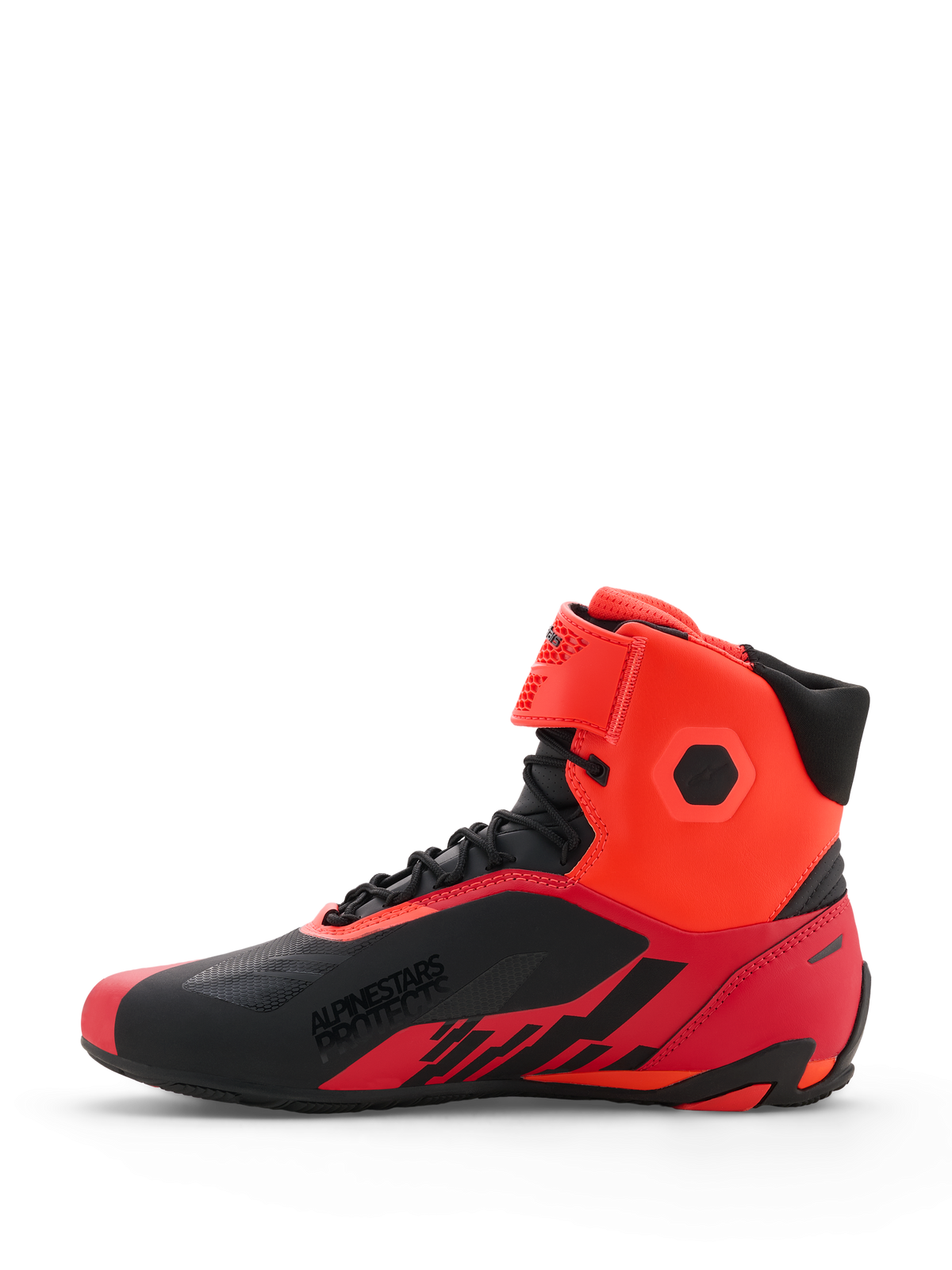 Alpinestars MM93 Faster-4 Shoes, Motorcycle Riding Shoes, Red Fluo and Black, side profile view showing technical microfiber construction, lace-up closure with hook-and-loop ankle strap, 'ALPINESTARS PROTECTS' branding on the side, sport-inspired design for road riding