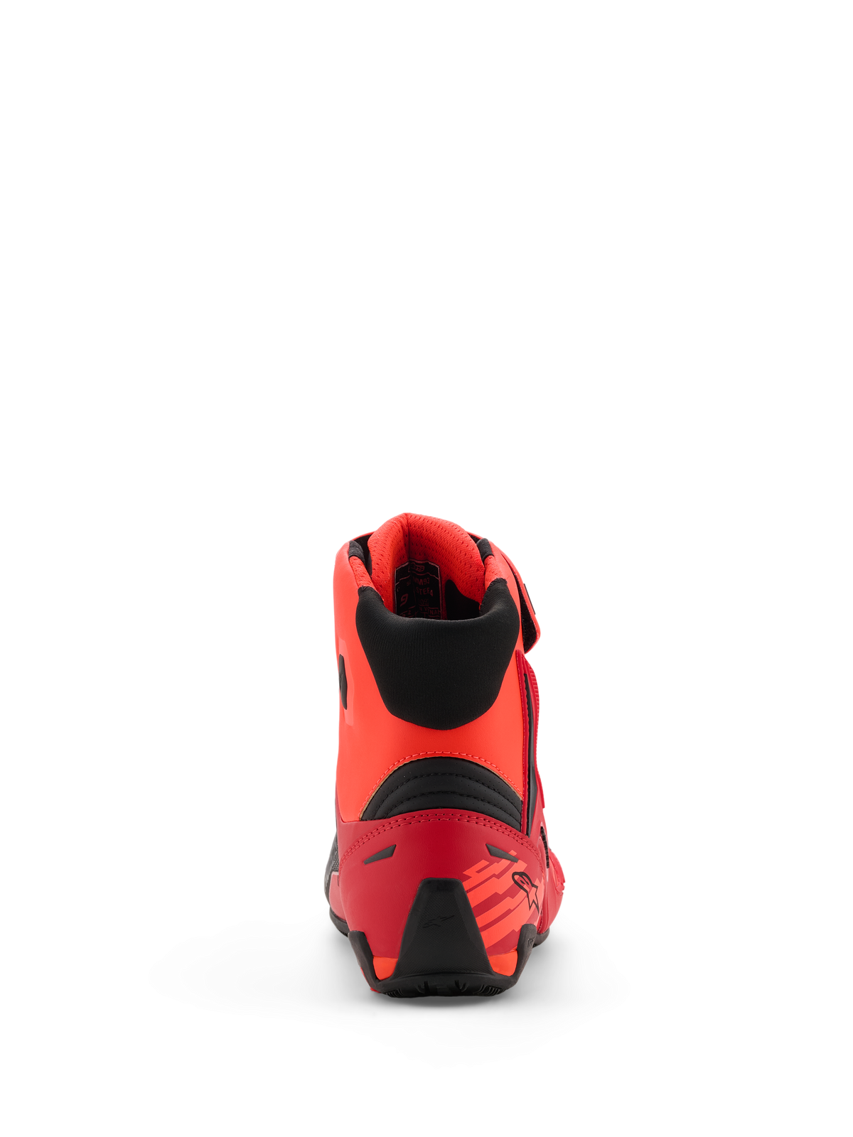 Alpinestars MM93 Faster-4 Shoes, Motorcycle Riding Shoes, Red Fluo Bright Red and Black, rear view showing TPR heel counter and black textile collar, ergonomic design with racing-inspired accents