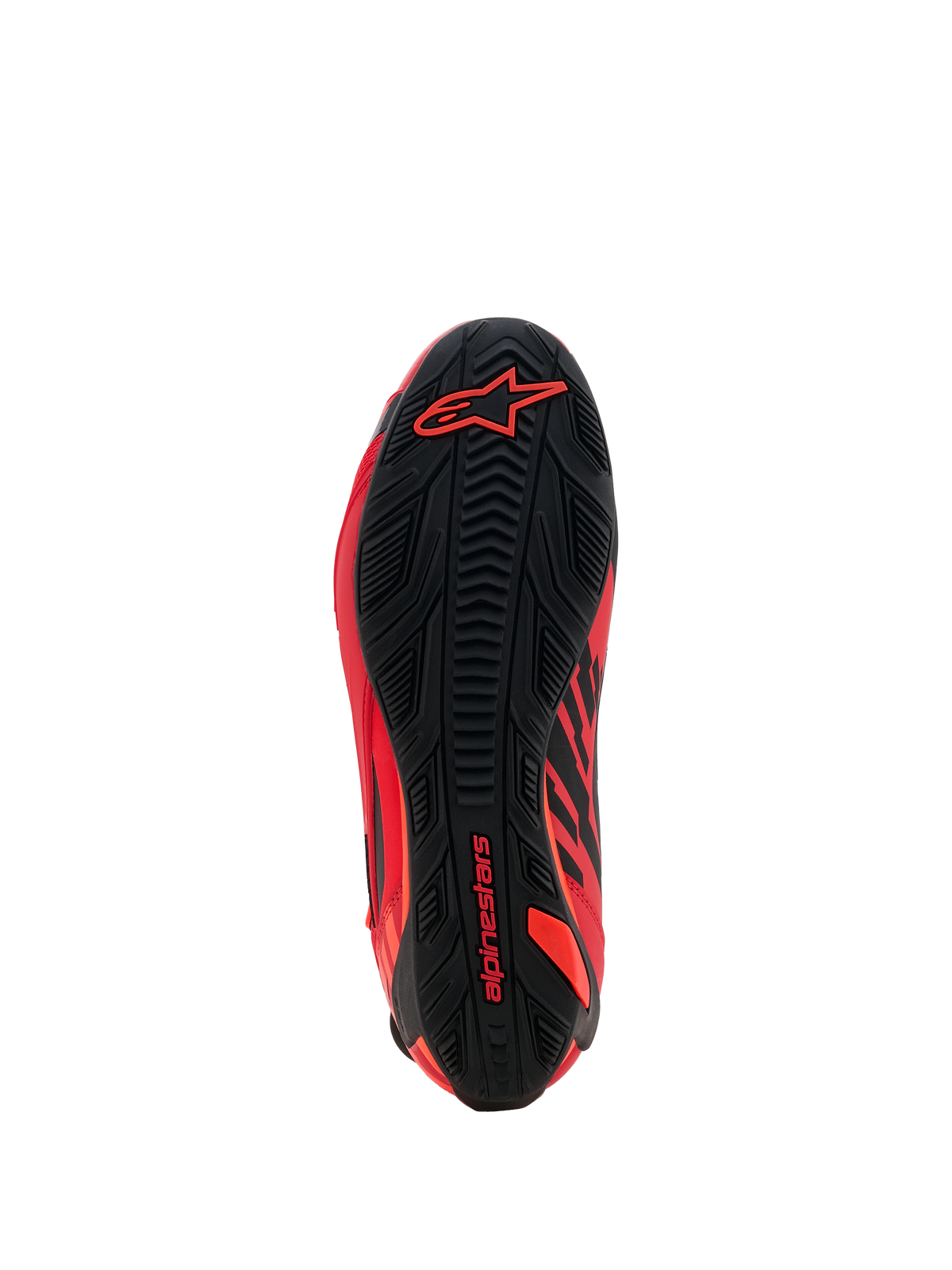 Alpinestars MM93 Faster-4 Shoes, Motorcycle Shoes, Red Fluo Bright Red and Black, bottom sole view showing textured rubber grip pattern, featuring red Alpinestars branding on the heel and forefoot, high-performance racing and sport footwear design