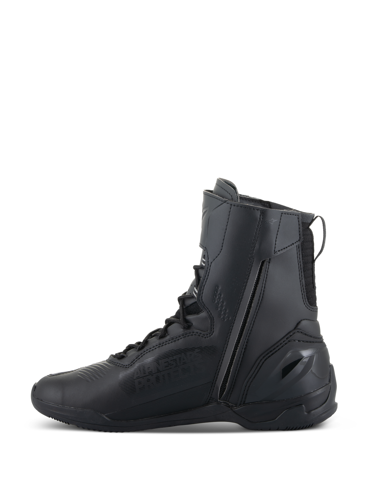 Buty Alpinestars Superfaster, buty motocyklowe, czarne, wysoki profil 25 cm, długi zamek błyskawiczny po wewnętrznej stronie, system szybkiego sznurowania, smukła konstrukcja z czarnej mikrofibry, wzmocniona pięta
